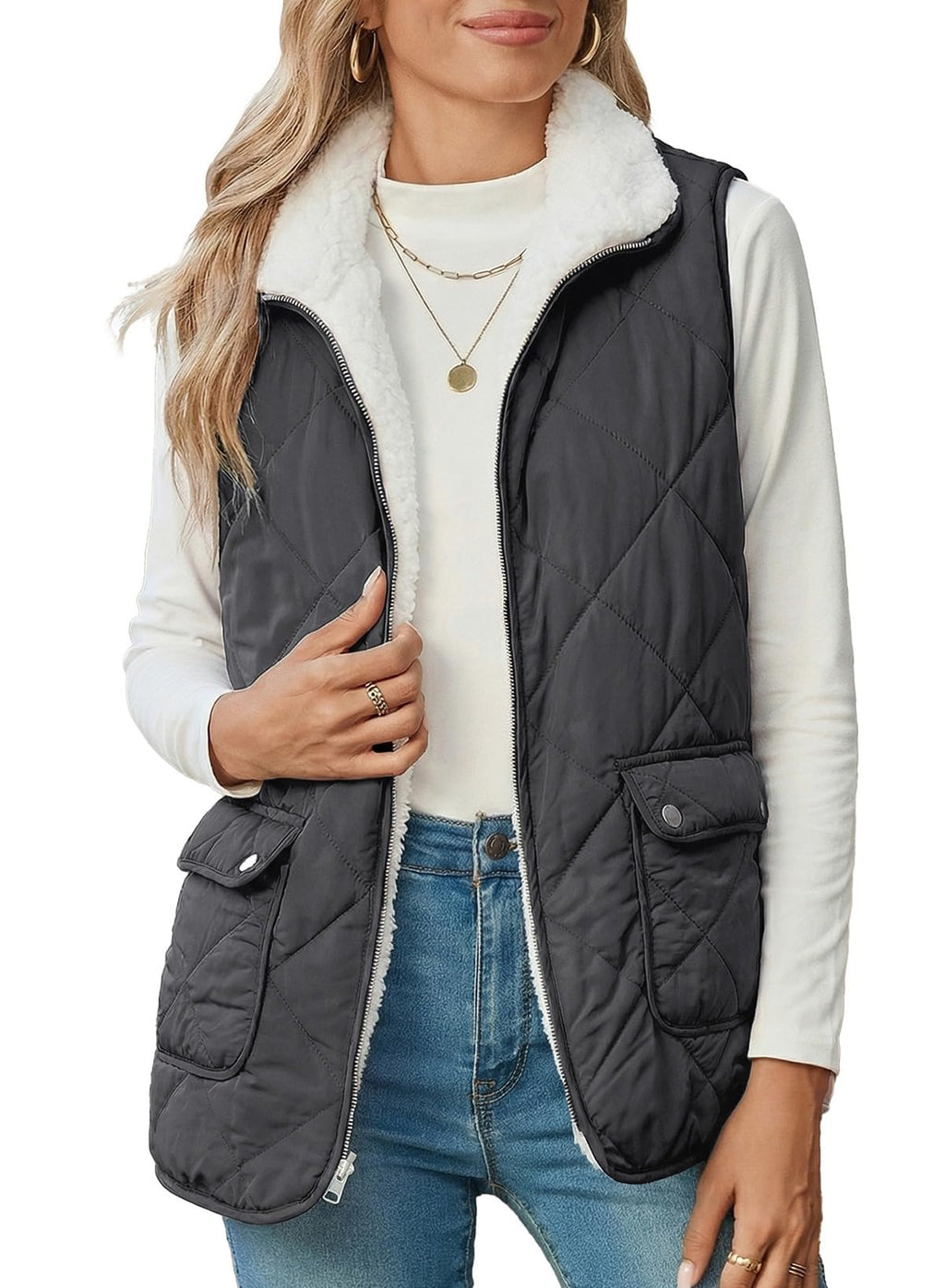 SHEWIN Women Puffer Vest Casual Stand Collar Sleeveless Puffer Jacket Warm Winter Reversible Zip Up Outerwear with Pockets