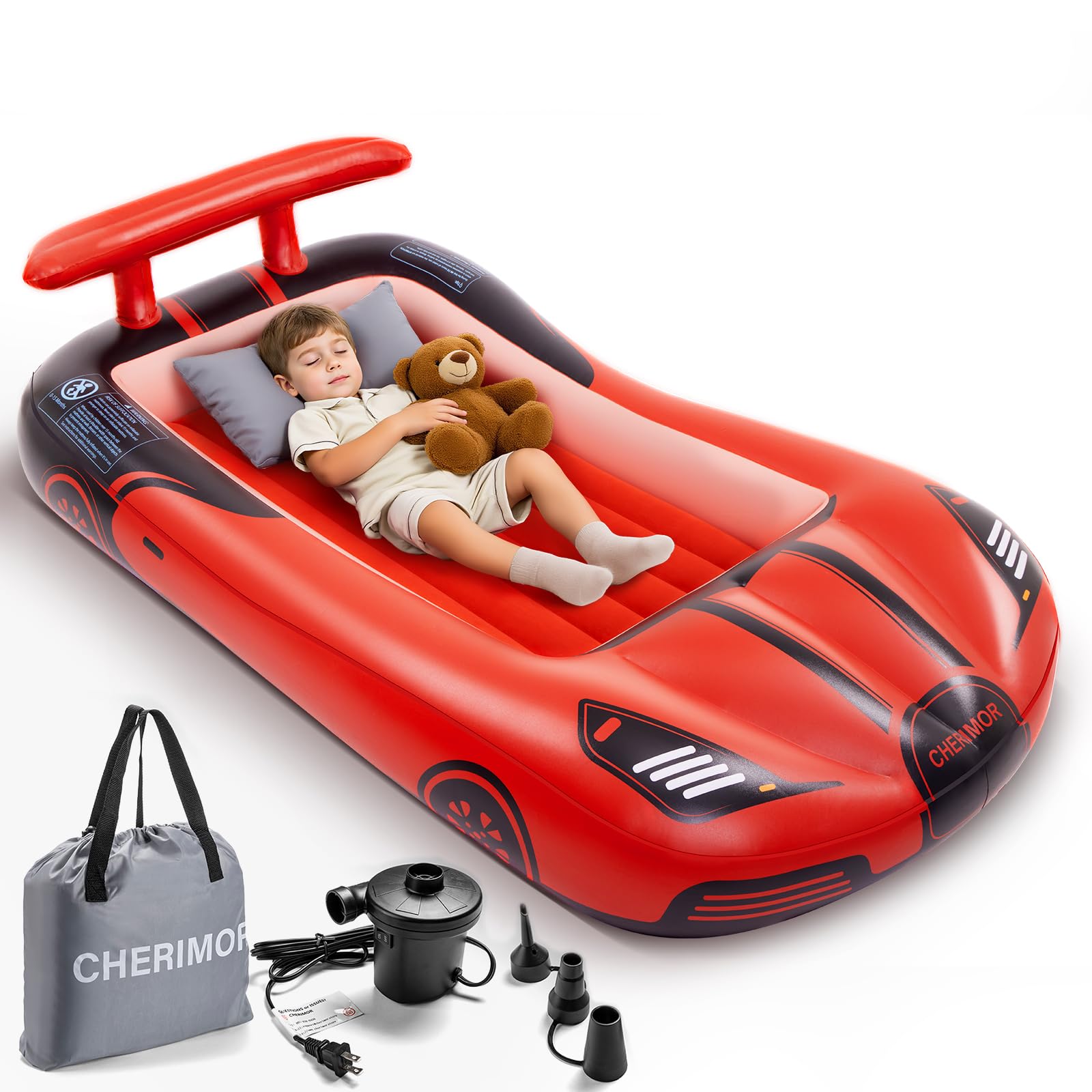 CHERIMOR Inflatable Toddler Travel Bed with Safety Bumpers & 2 Mins Auto Inflation Pump, Portable Toddler Kids Air Mattress with Carry Bag for Home Grandma's Sleepovers Travel Camping, 330lbs Support