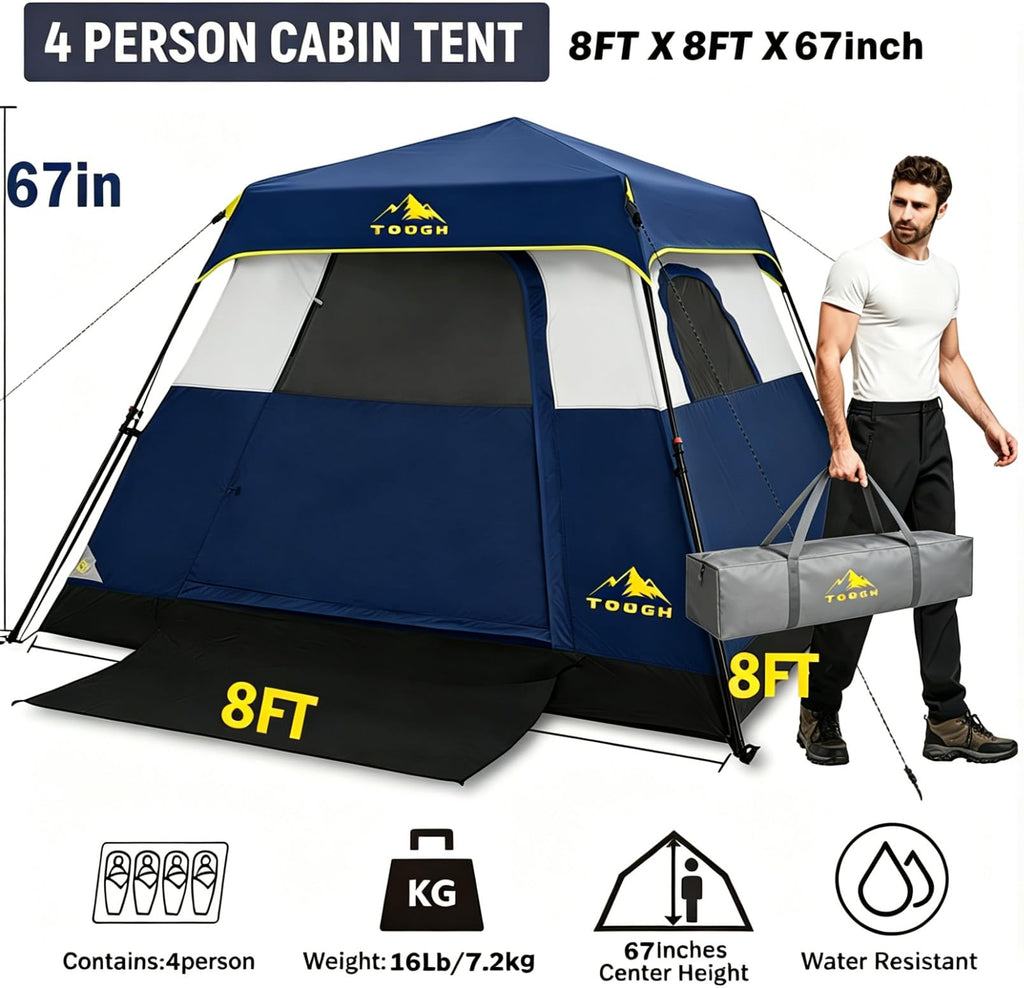 3/4 Person Camping Tent with 1 Door, 4 Windows, and Upgraded Ventilation– Instant Setup, Waterproof, 8'x 8'x 67''Oxford Fabric Floor Pop Up in 60 Seconds Includes Rainfly and Backpack