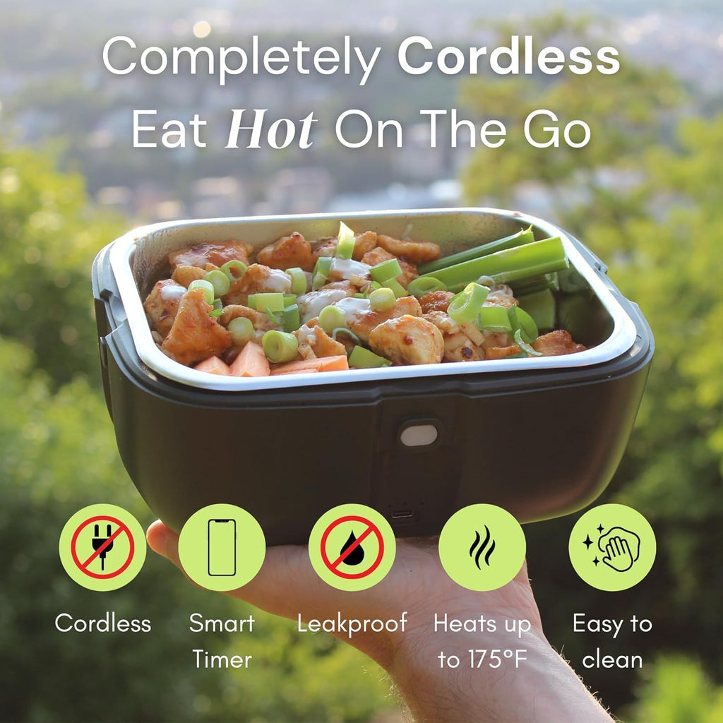 HeatsBox Go Cordless Electric Lunch Box 100W | Rechargeable Self Heating Container | App Control | 3.9 cups Battery Operated Food Warmer for Adults | Car, Truck, Office, Travel | 5V,12V,24V,110V