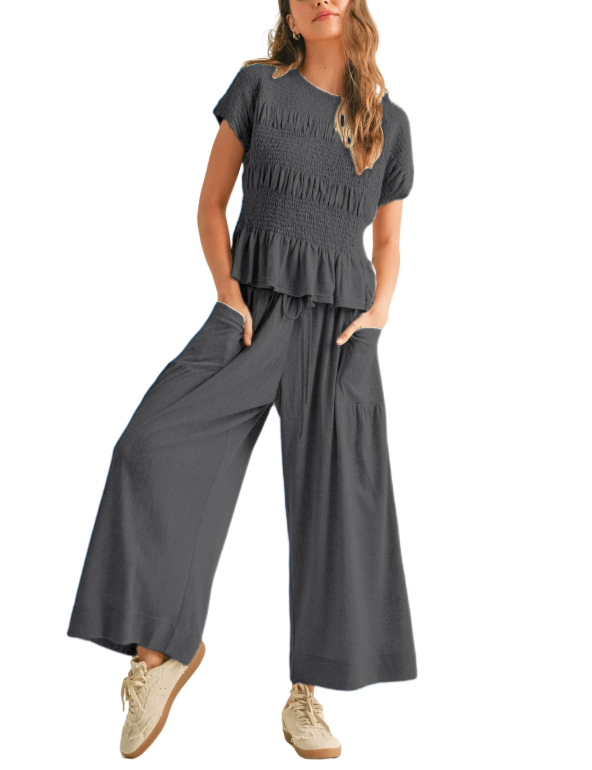 Antnation Womens 2 Piece Smocked Top Wide-Leg Pants Set High-Waisted Lounge Outfit with Pockets Casual Boho Matching Set