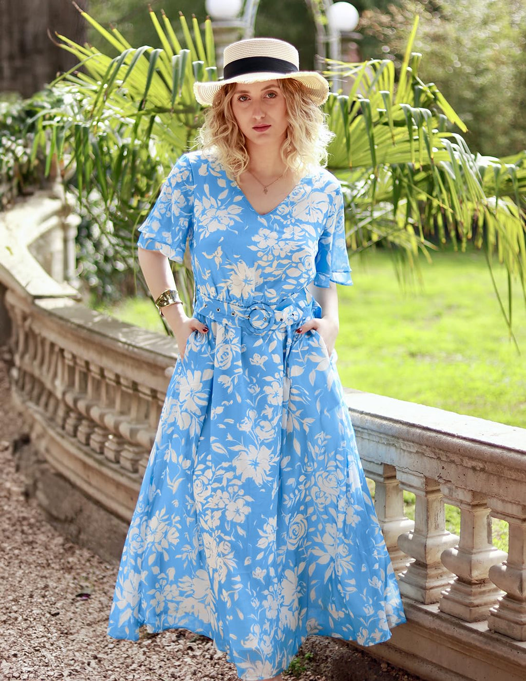 ZESICA Women's 2026 Summer Floral V Neck Midi Dress Boho Short Sleeve High Waist Flowy Beach Vacation Dresses with Belt