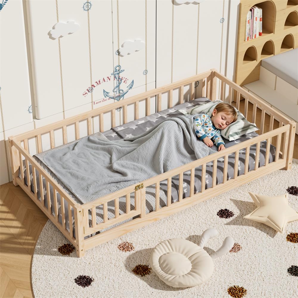 i-POOK Queen Floor Bed for Children, Sturdy Wood Montessori Bed Frame with Wood Slats, High Fence & Small Door for Girls and Boys, Espresso (with Bed Slats)