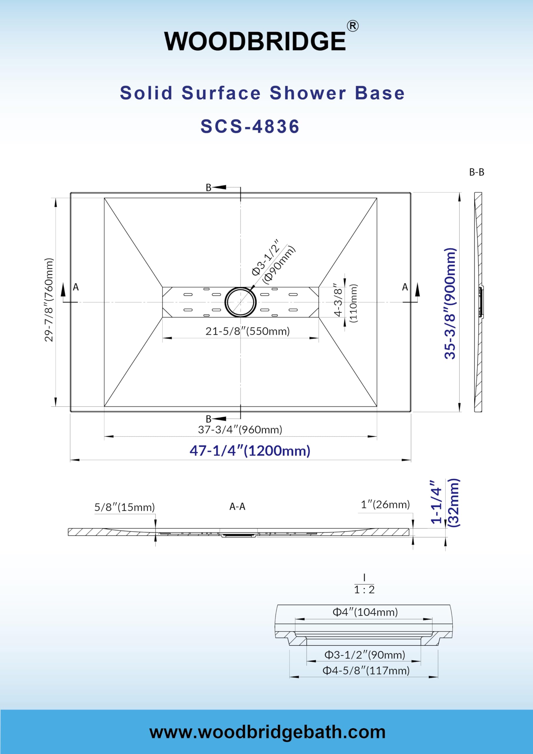 WOODBRIDGE 47.25 in L x 31.5 in W Zero Threshold Shower Base with Center Drain, Decorative Drain Plate, Tile Flange, Wheelchair Access, Low Profile, Black