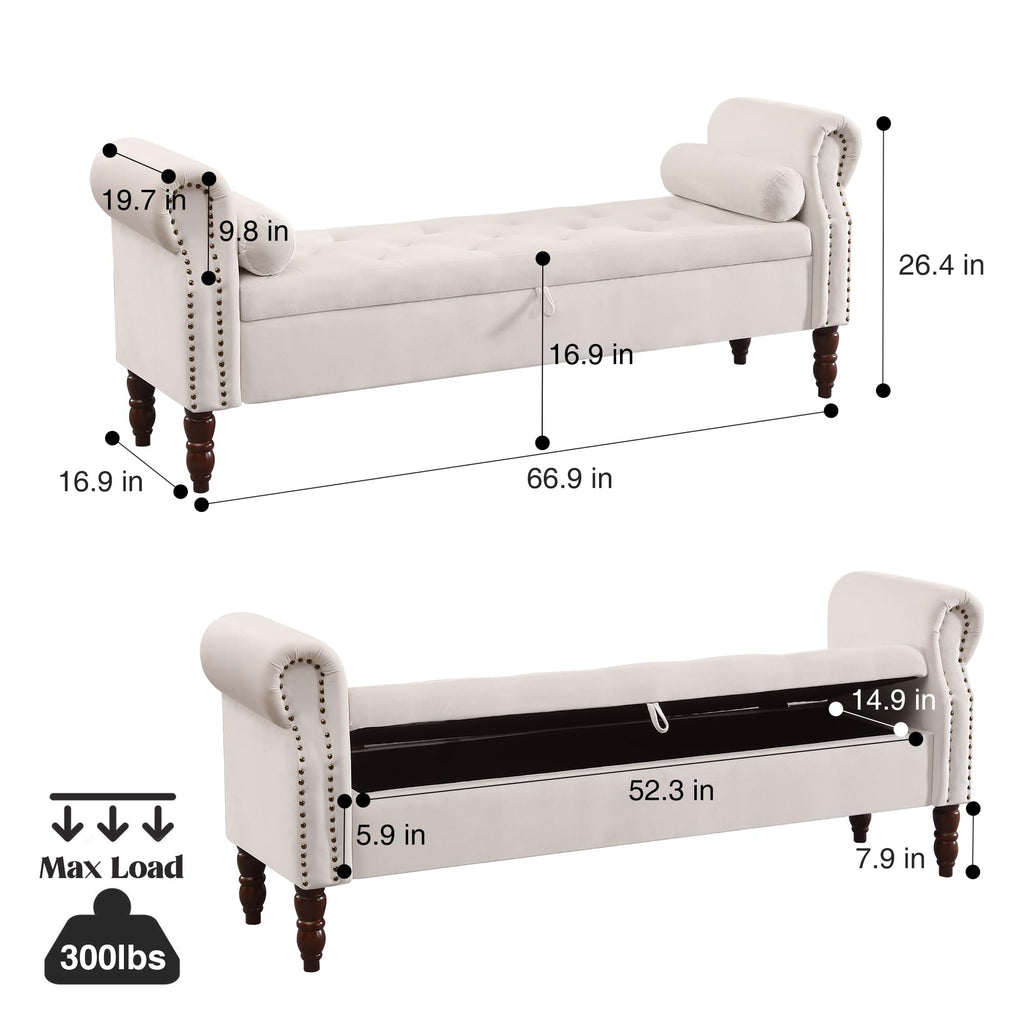 Storage Bench for Bedroom, 67" End of Bed Bench King Size, Velvet Bedroom Bench with Storage, Upholstered Tufted Storage Ottoman Benches with Arms for Bedroom, Entryway, Living Room, Beige