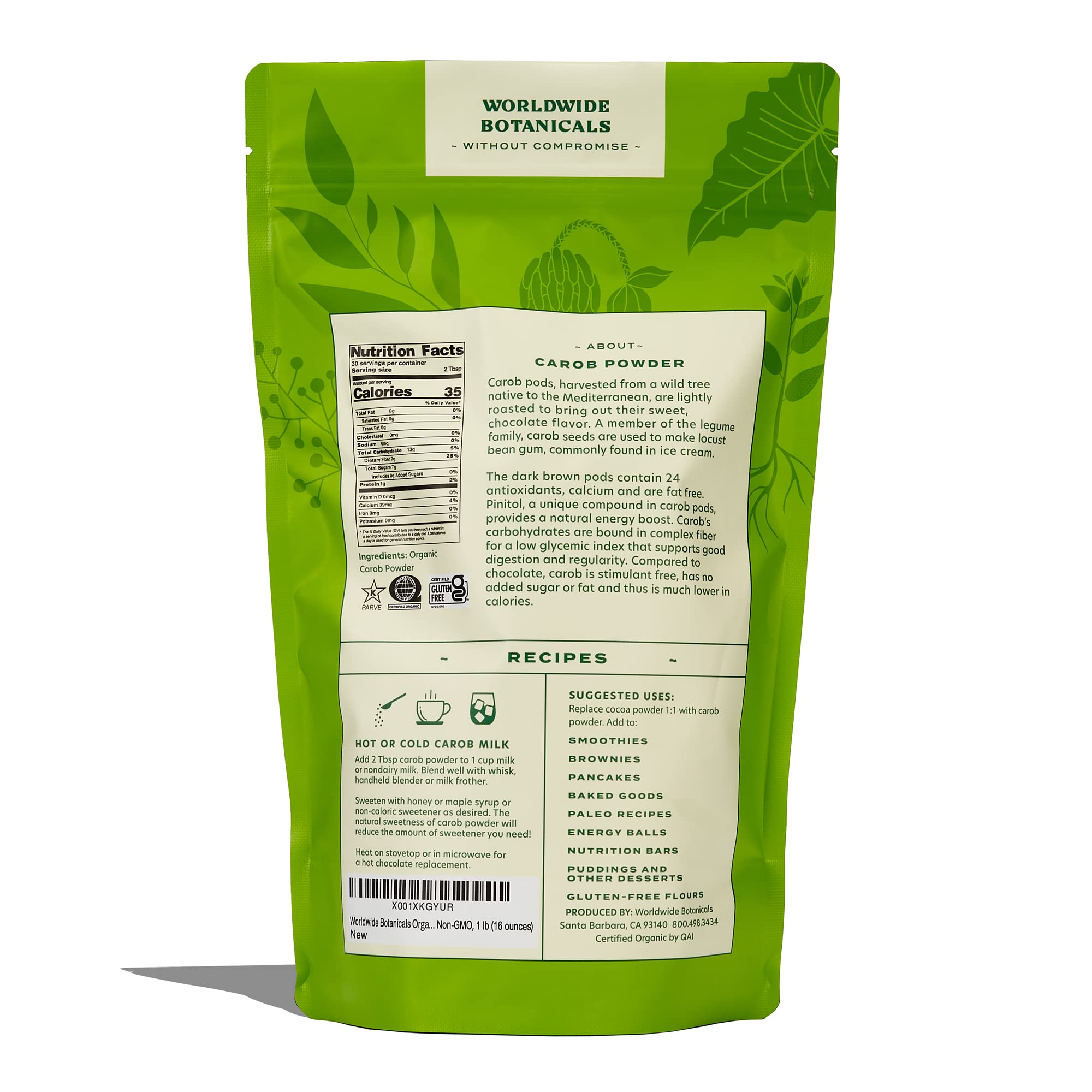 Worldwide Botanicals Organic Carob Powder, Dark Roast – 1 lb – Caffeine Free Cocoa Alternative – Low Fat Super Food with Natural Sweetness– Gluten Free, Kosher, 16 ounces