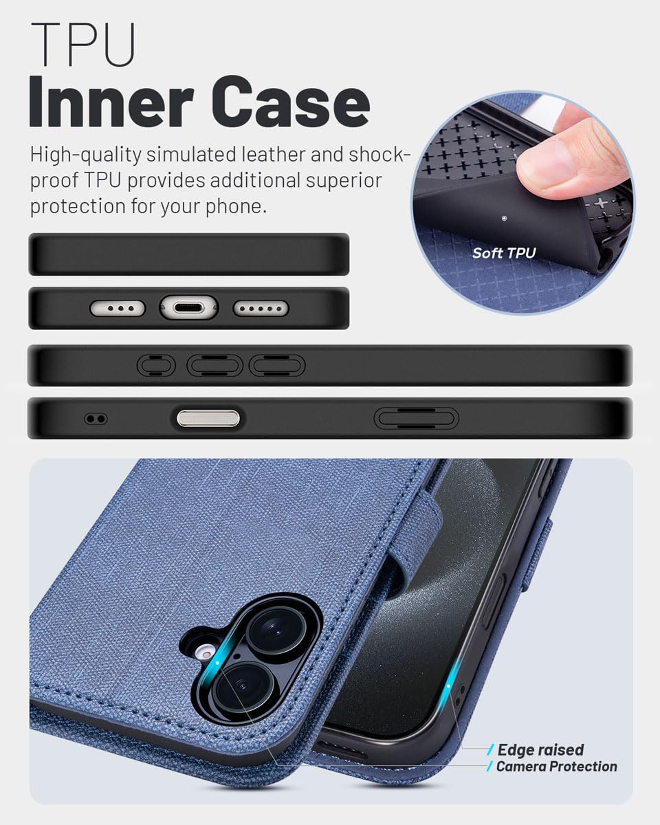 OCASE Compatible with iPhone 16 Wallet Case, PU Leather Flip Folio Case with Card Holders RFID Blocking Kickstand [Shockproof TPU Inner Shell] Phone Cover 6.1 Inch 2024, Black
