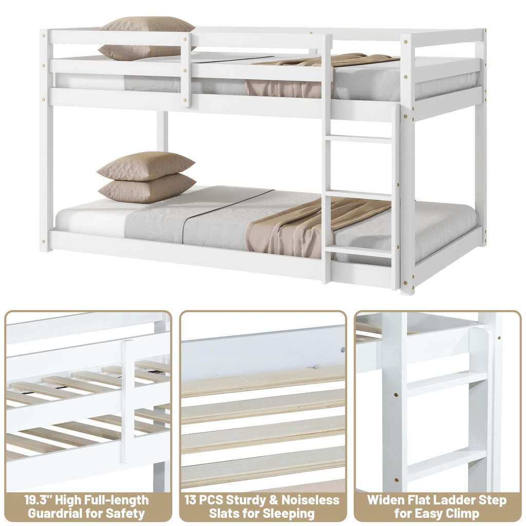 Bunk Bed Twin Over Twin, Wood Low Profile Floor Twin Bunk Beds with Headboard Ladder Guardrails for Kids Boys and Girls, No Box Spring Needed