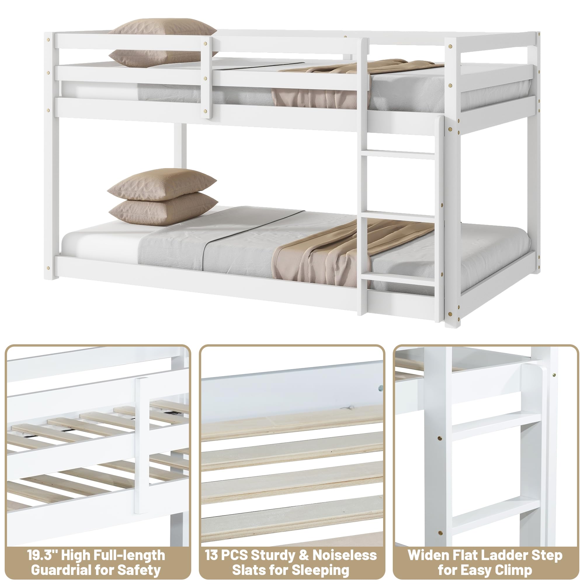 Bunk Bed Twin Over Twin, Wood Low Profile Floor Twin Bunk Beds with Headboard Ladder Guardrails for Kids Boys and Girls, No Box Spring Needed