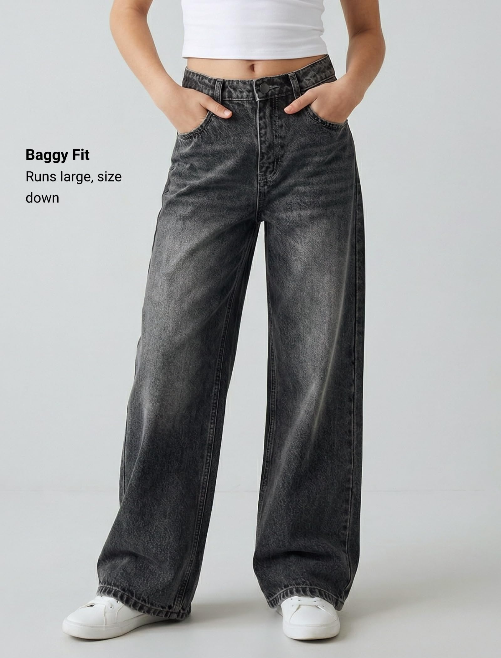 EXARUS Girls Jeans Baggy Wide Leg Cute Teen Tween Long Denim Pants Clothes Tall Junior Elastic Band Pockets