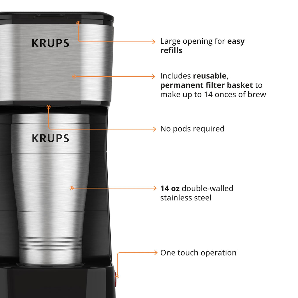 KRUPS Simply Brew Coffee Maker - Multi-Serve 4-in-1 with Stainless Steel Travel Tumbler, Black, 14oz