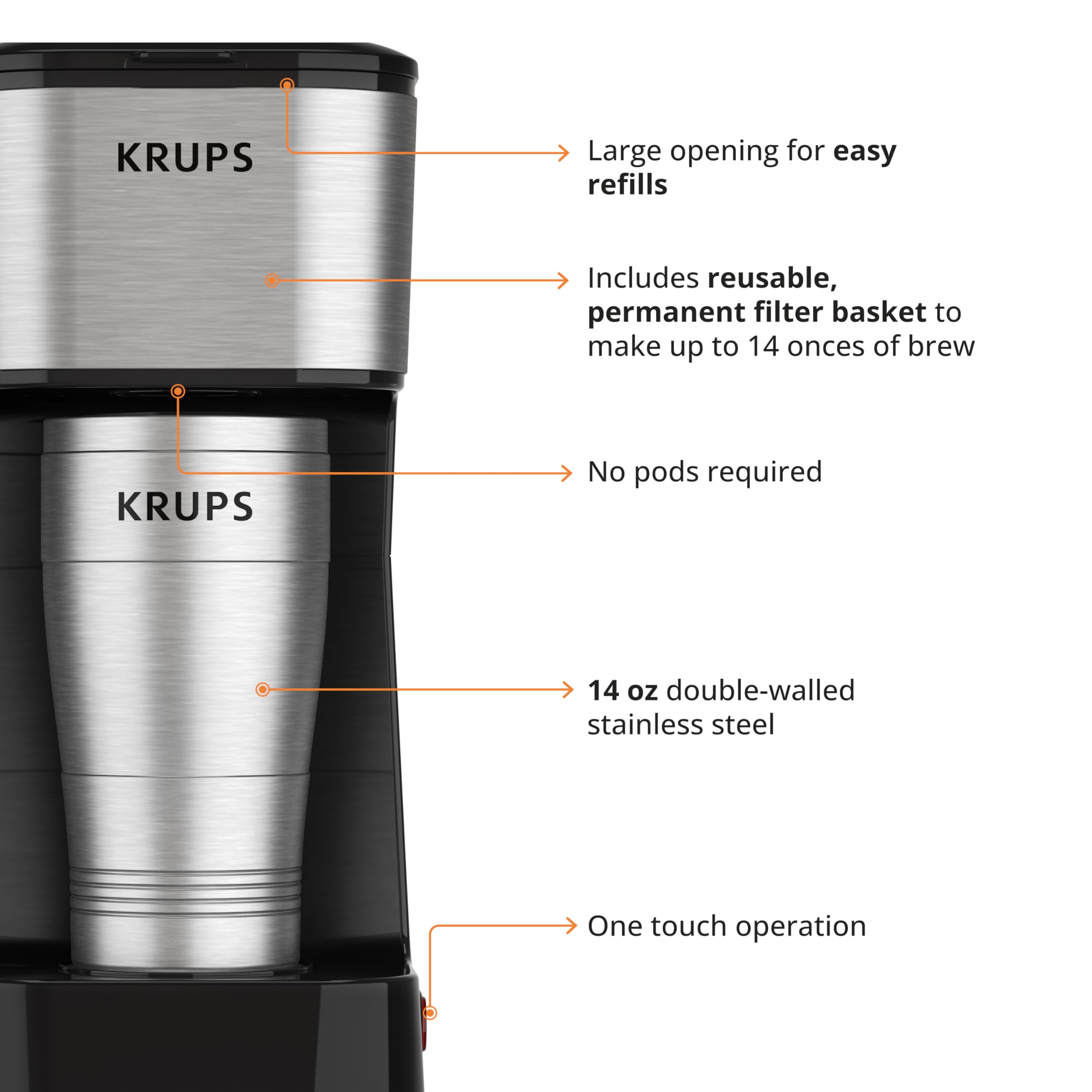 KRUPS Simply Brew Coffee Maker - Multi-Serve 4-in-1 with Stainless Steel Travel Tumbler, Black, 14oz