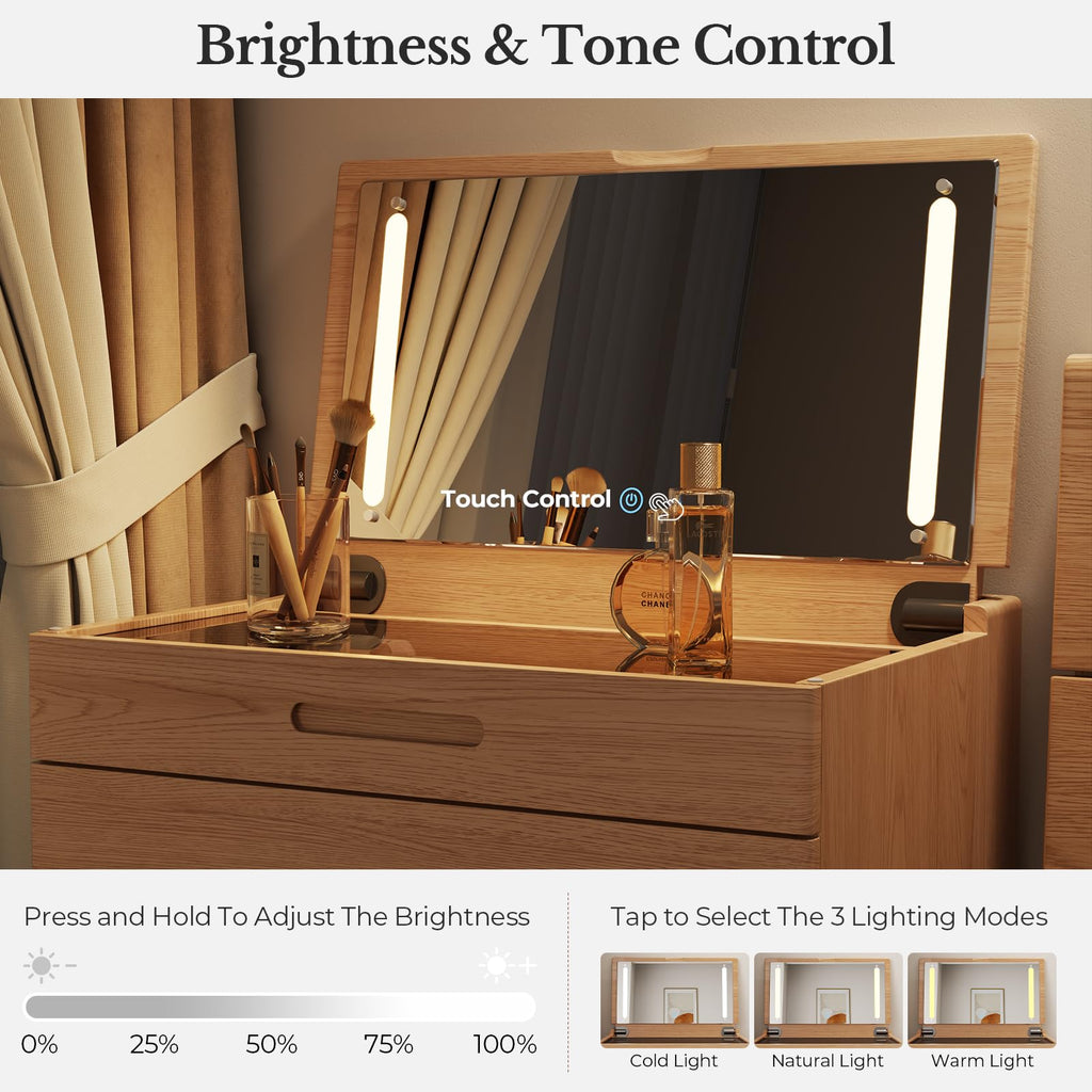 Muwuele Solid Wood Small Vanity Desk with Mirror and Lights, Narrow Makeup Vanity for Small Space, Flip Top Vanity Side Table, 3 Color Modes & Adjustable Brightness, 19.6" Slim Dressing Table, Black