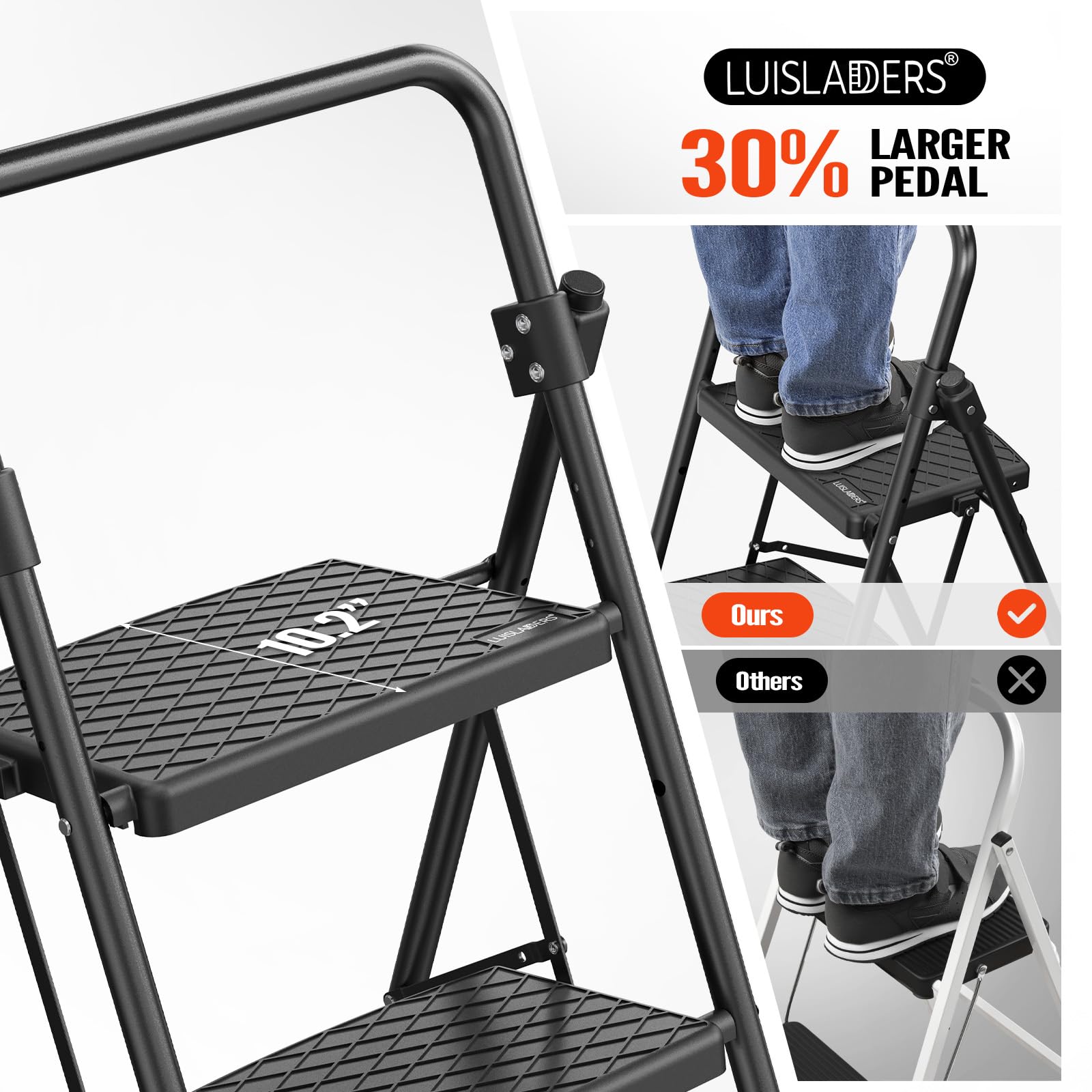 LUISLADDERS 3 Step Ladder with Handrails, Folding Step Stool with Widened Anti-Slip Pedal, 500lbs Lightweight Step Ladder 3 Step Folding, Multi-use for Home Kitchen Pantry Office, Black