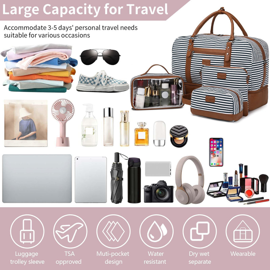 Wogarl 4PCS Weekender Bags for Women Large Overnight Weekend Travel Duffel Carry on Shoulder with Shoe Compartment Canvas Toiletry Bag for Travel Business Gym