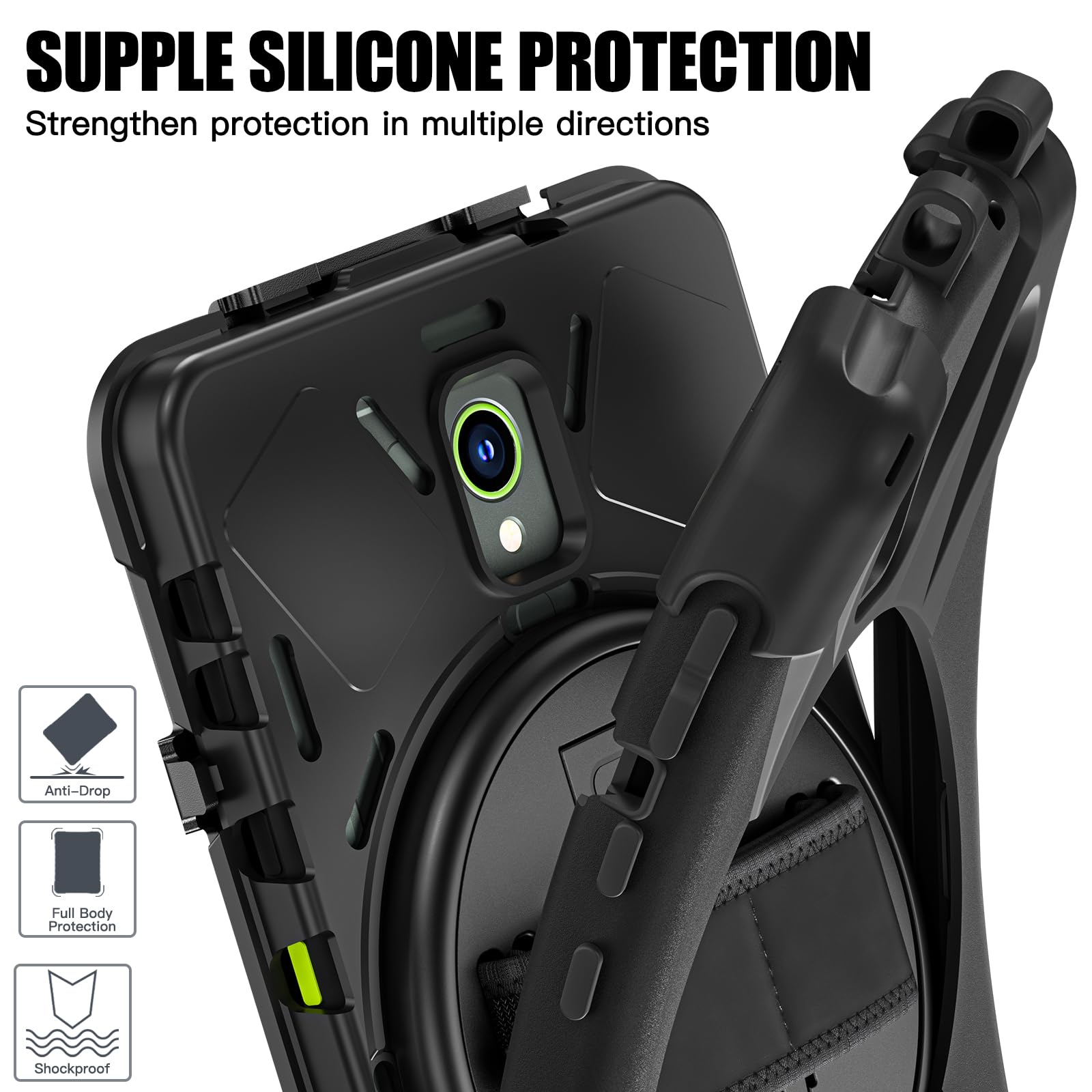 Samsung Galaxy Tab Active5/Active 3 8.0 Case, with 360 Stand, Handle Hand Strap & Shoulder Strap for Galaxy Tab Active5 8" 2024 X300/X307, Active3 8" 2020 T570/T575/T577 (Black)