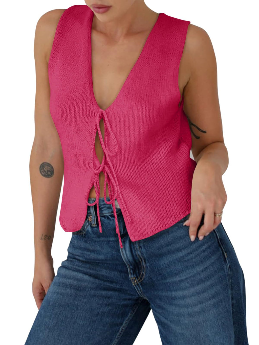 Yousify Womens Sweater Vests Tie Front Knit Vest Summer Ribbed Tank Tops Y2k Cute Vests Fashion Casual Sleeveless Tops