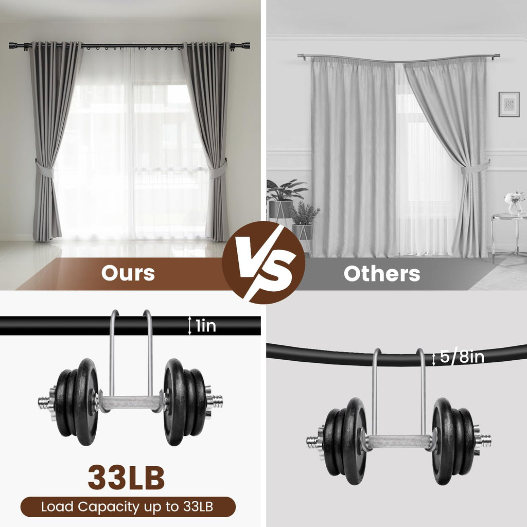 1” Diameter brown curtain rod Itself is 30 to 60 inch. 1 Pack Fits 30-54 inch Windows with Heavy Duty Adjustable brown curtain rods Splicing Metal Extra Long Curtain Rod