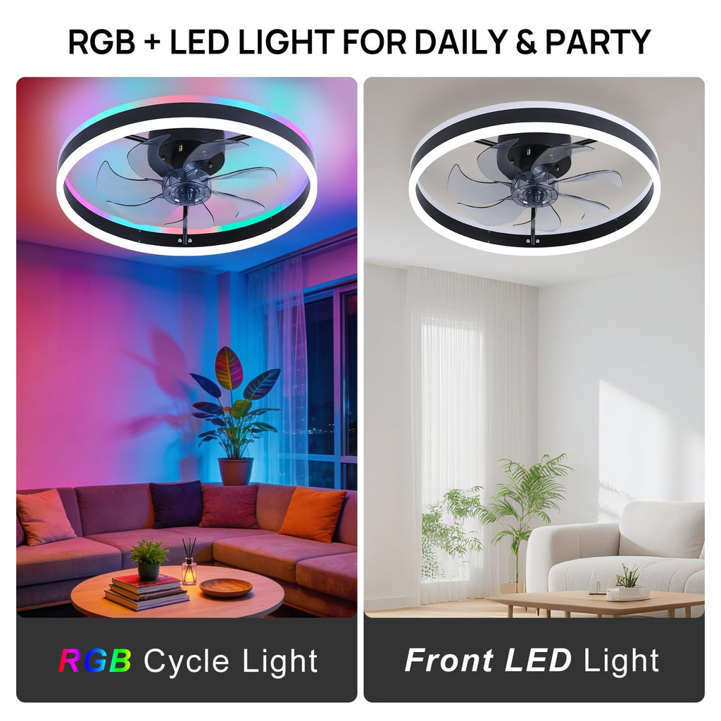 16 Inch RGB Low Profile Ceiling Fans with Lights, Modern Flush Mount Fandelier Chandelier Fixture, Remote & APP Control, Black LED Ceiling Fan Light for Bedroom, Living Room, Kitchen Indoor