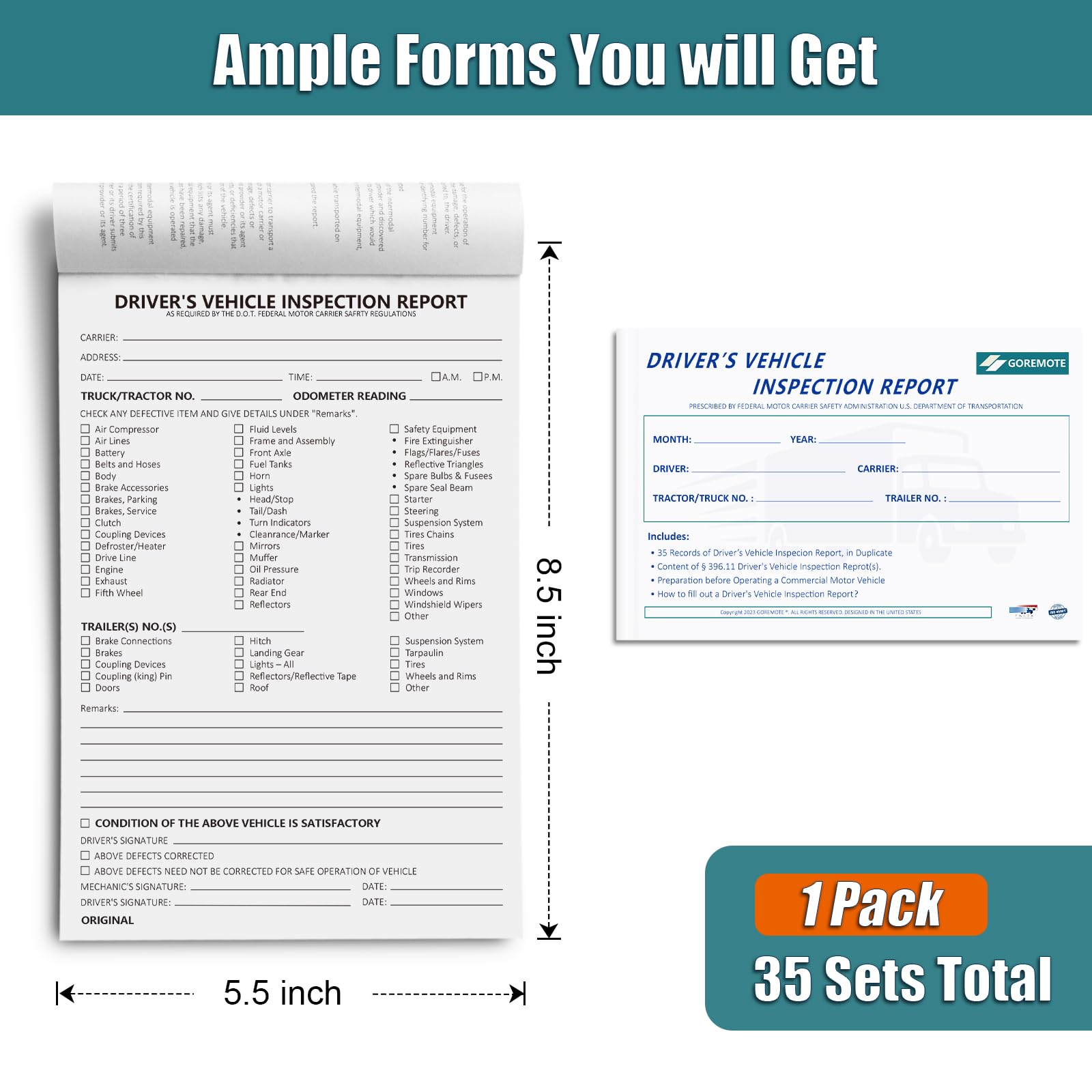 Detailed Driver's Vehicle Inspection Report, Daily Pre Trip Inspection Book for Trucker, 2-Ply Carbonless, 35 Sets of Forms per DVIR Log Book for Truck Drivers, 8.5" x 5.5", 1 Pack