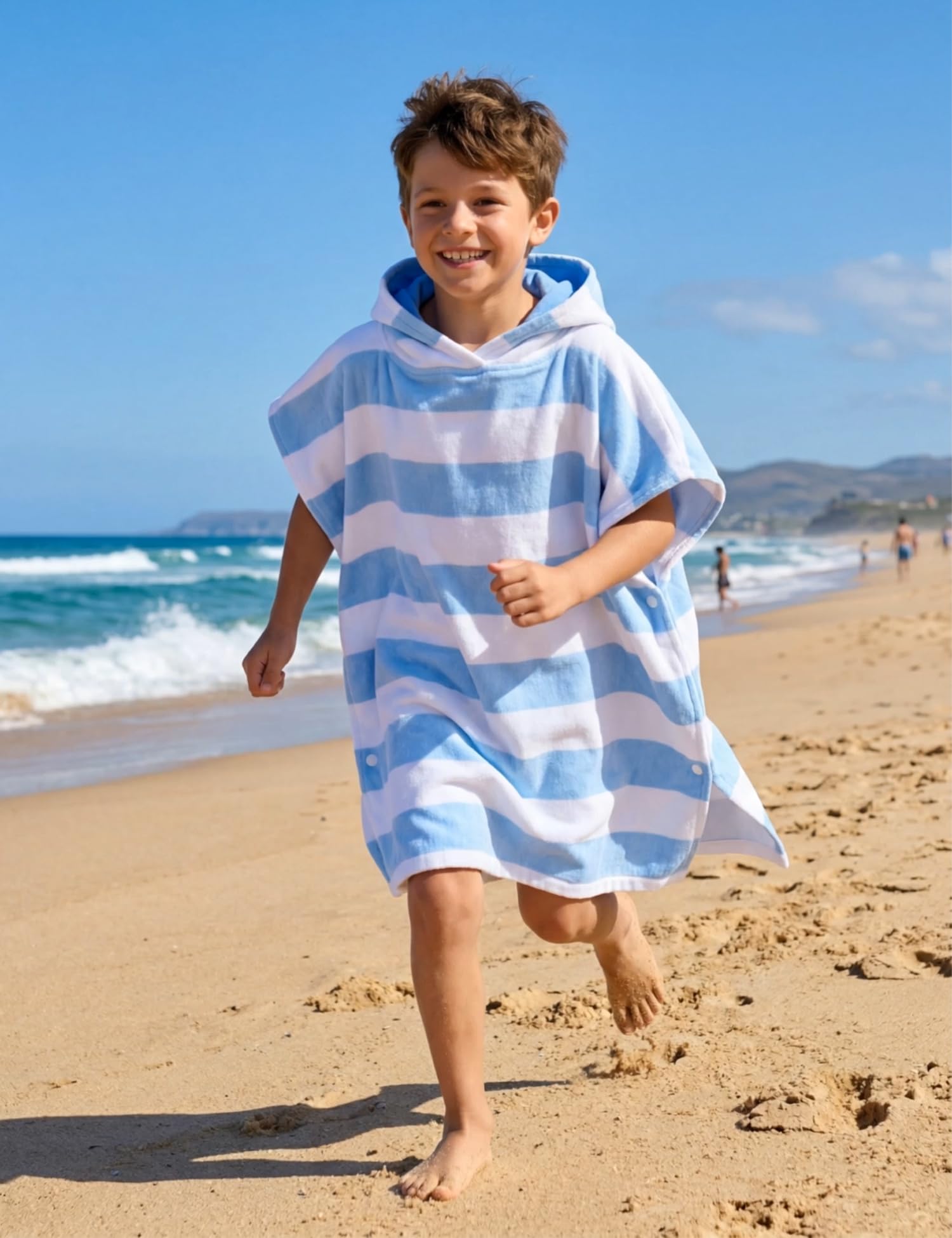 TBEZY Toddler Bath Towel Poncho Thick Cotton Striped Beach Towels for Kids Gifts, Blue, 5-10 Years