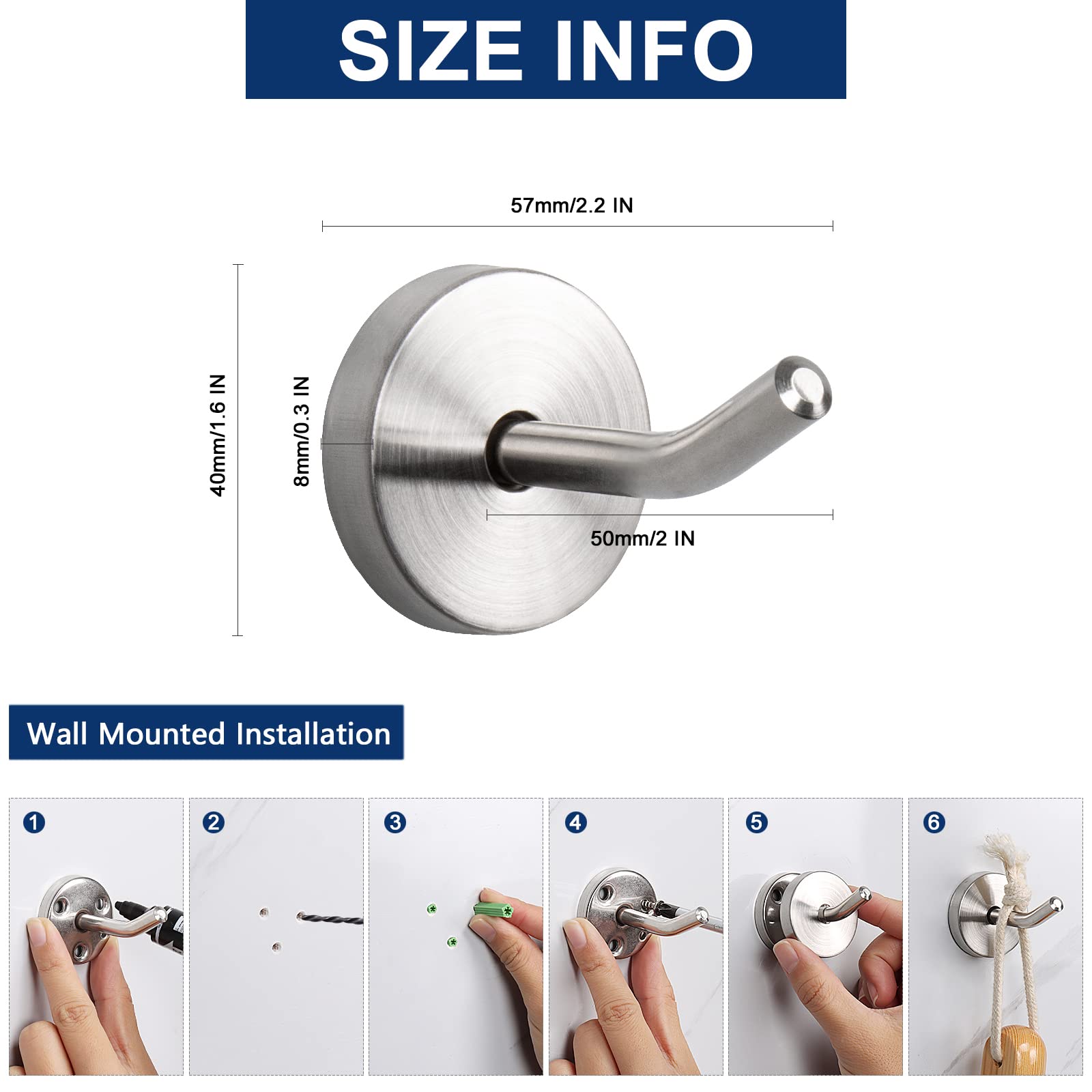 NearMoon Coat Hooks, Wall Mount Hooks for Hanging Hat Hurse Robe, 304 Stainless Steel Heavy Duty Towel Hangers for Bathroom Livingroom Kitchen-Ceiling Hook, 6 Pack (2 Inch, Brushed Nickel)