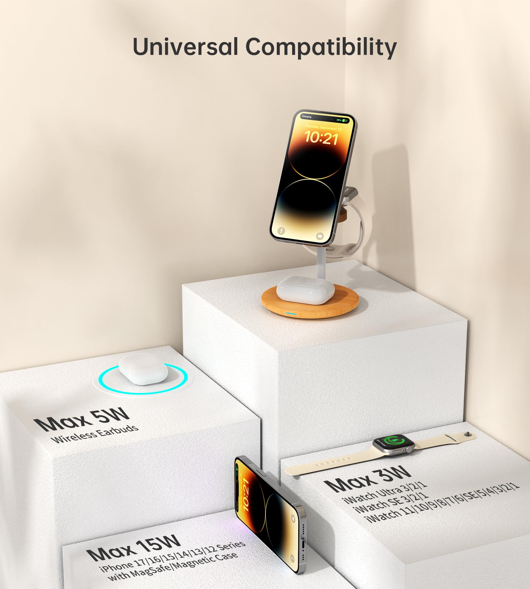 XooFly 3 in 1 Wireless Charging Station for Apple Devices, Fast Wireless Mag-Safe Charger Stand with 20W Adapter for iPhone 17/16 15 14 13 12 Pro Max/Pro/Plus/Air/Mini, iWatch, AirPods (Black)