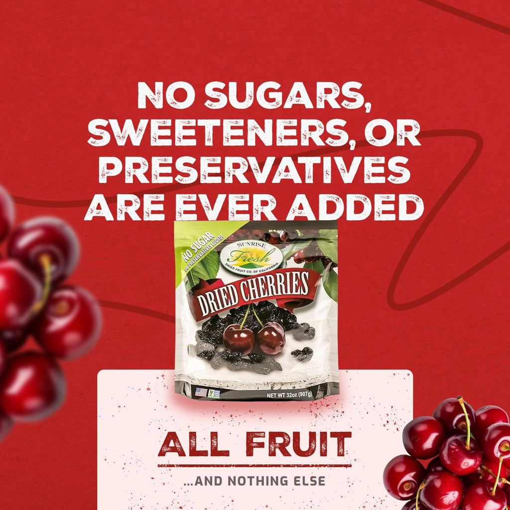 Sunrise Fresh Dried Fruit - Dried Dark Sweet Cherries - All-Natural, Unsweetened, No Added Sugar, Resealable Snack, 32oz Bag
