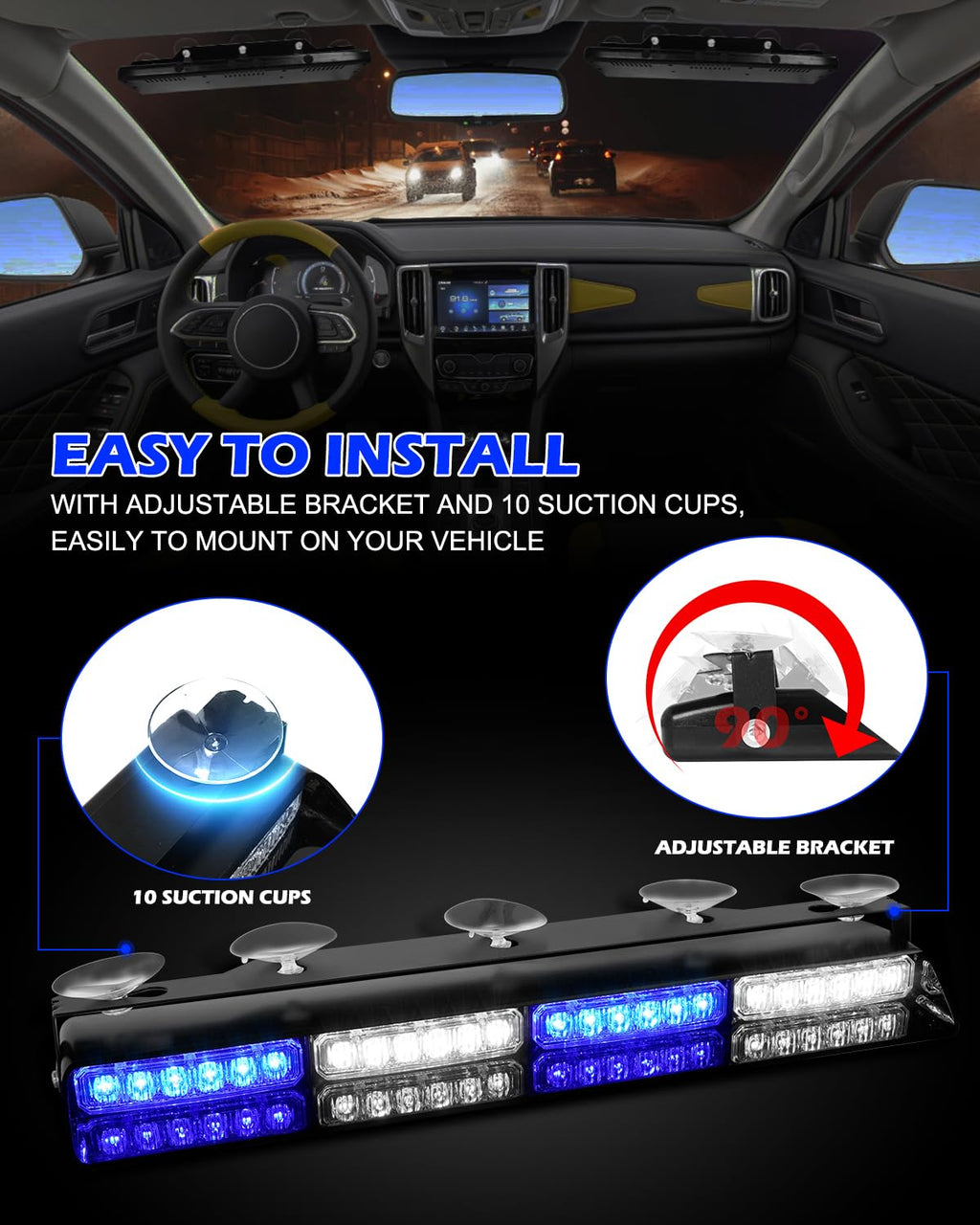HLauto 604N Emergency Dash Strobe Lights: 2x16.8 inch Amber White Security Light w/Take Down, 48 LED Safety Flashing Warning Hazard Interior Windshield Light Bar for Truck Vehicle