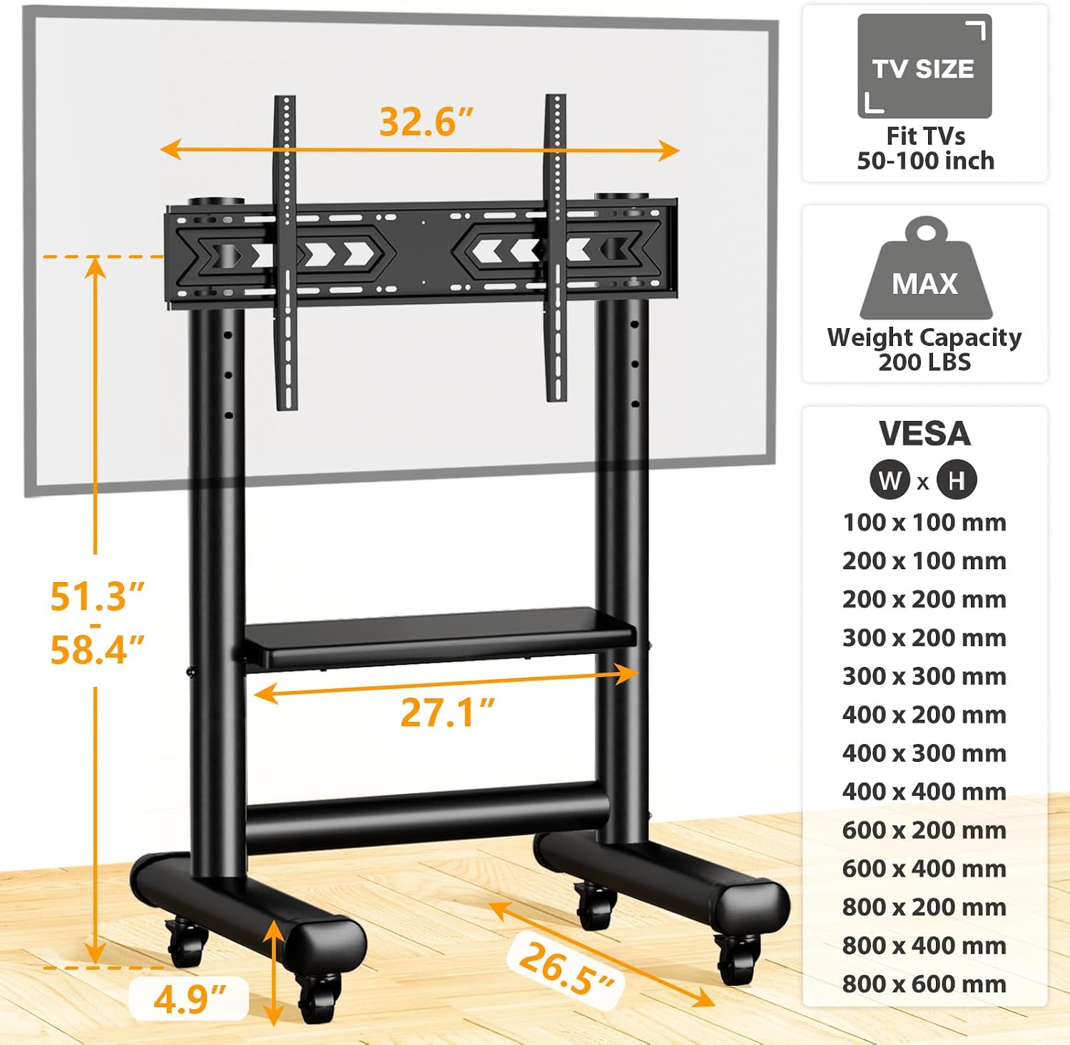 TVON Mobile TV Stand for 50-98 Inch LED LCD OLED 4K Flat/Curved Screen TV Max VESA 800x600mm, Outdoor TV Stand with Height Adjustable and Large Shelf, Floor TV Stand with Wheels Holds up to 150 Lbs