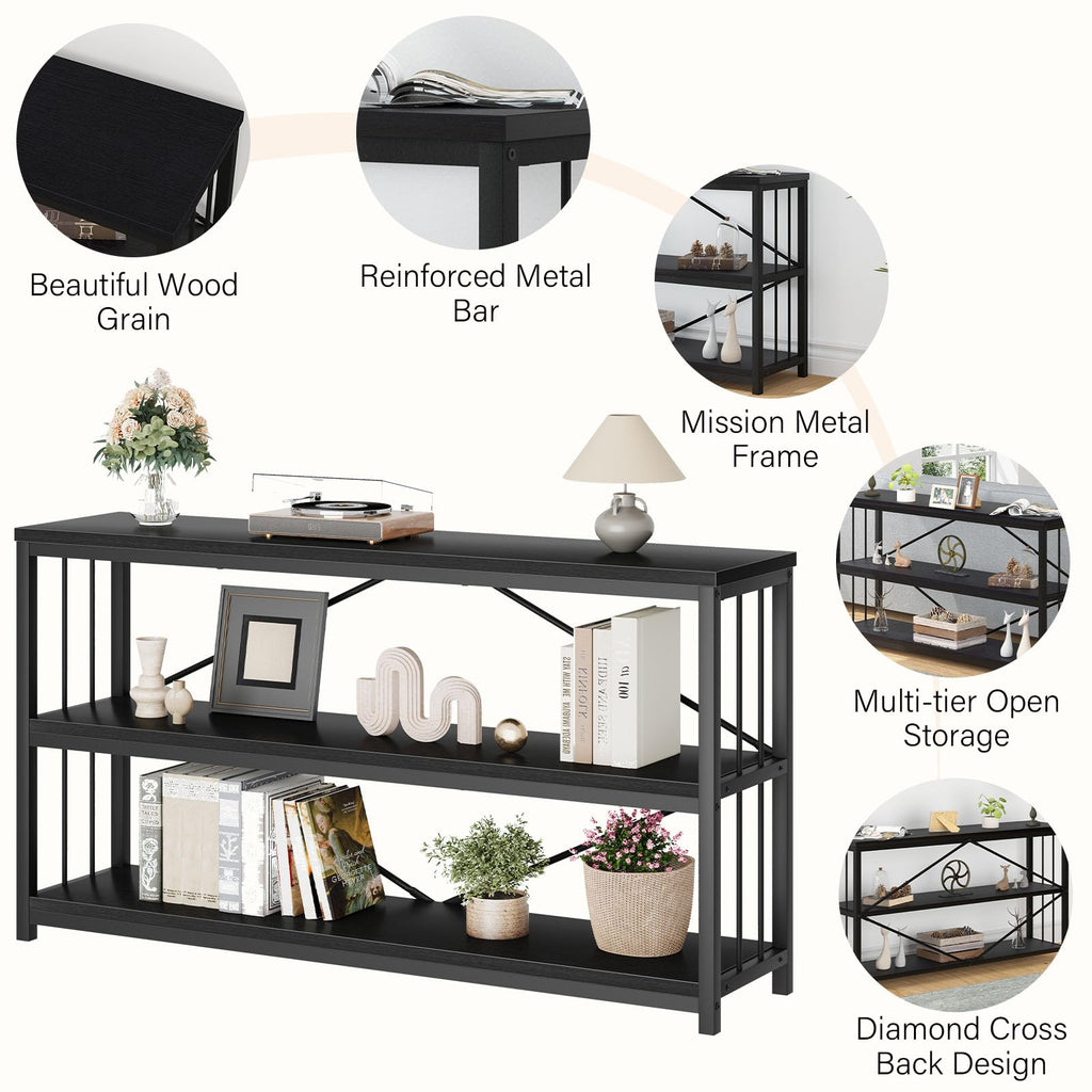 LVB Black Console Table, Modern Entryway Table for Hallway Living Room, Industrial Sofa Table Behind Couch, Farmhouse Wooden Metal Entry Table for Foyer with 3-Tier Storage Shelves, Black Oak, 55 Inch