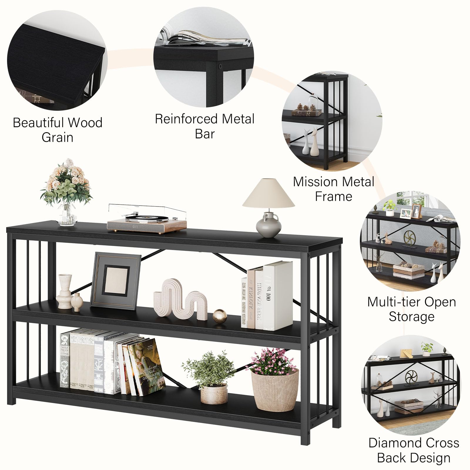 LVB Black Console Table, Modern Entryway Table for Hallway Living Room, Industrial Sofa Table Behind Couch, Farmhouse Wooden Metal Entry Table for Foyer with 3-Tier Storage Shelves, Black Oak, 55 Inch