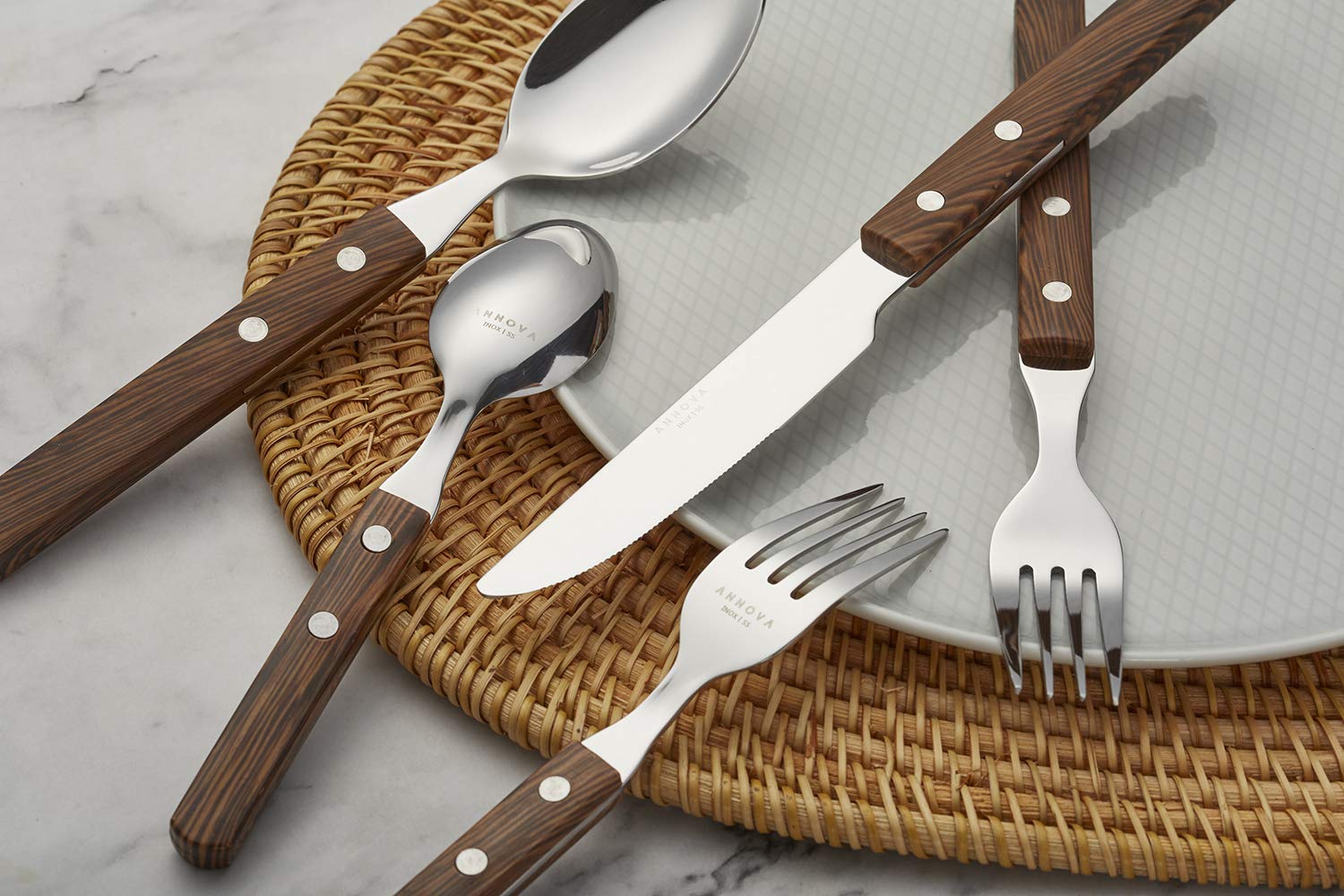 ANNOVA Silverware Set, Retro/Rivet Colorful Stainless Steel Tableware Kitchen Flatware Set Utensils, Includes Dinner Knives, Forks, Spoons, Salad Forks & Dessert Spoons (Brown, 20 Pieces)