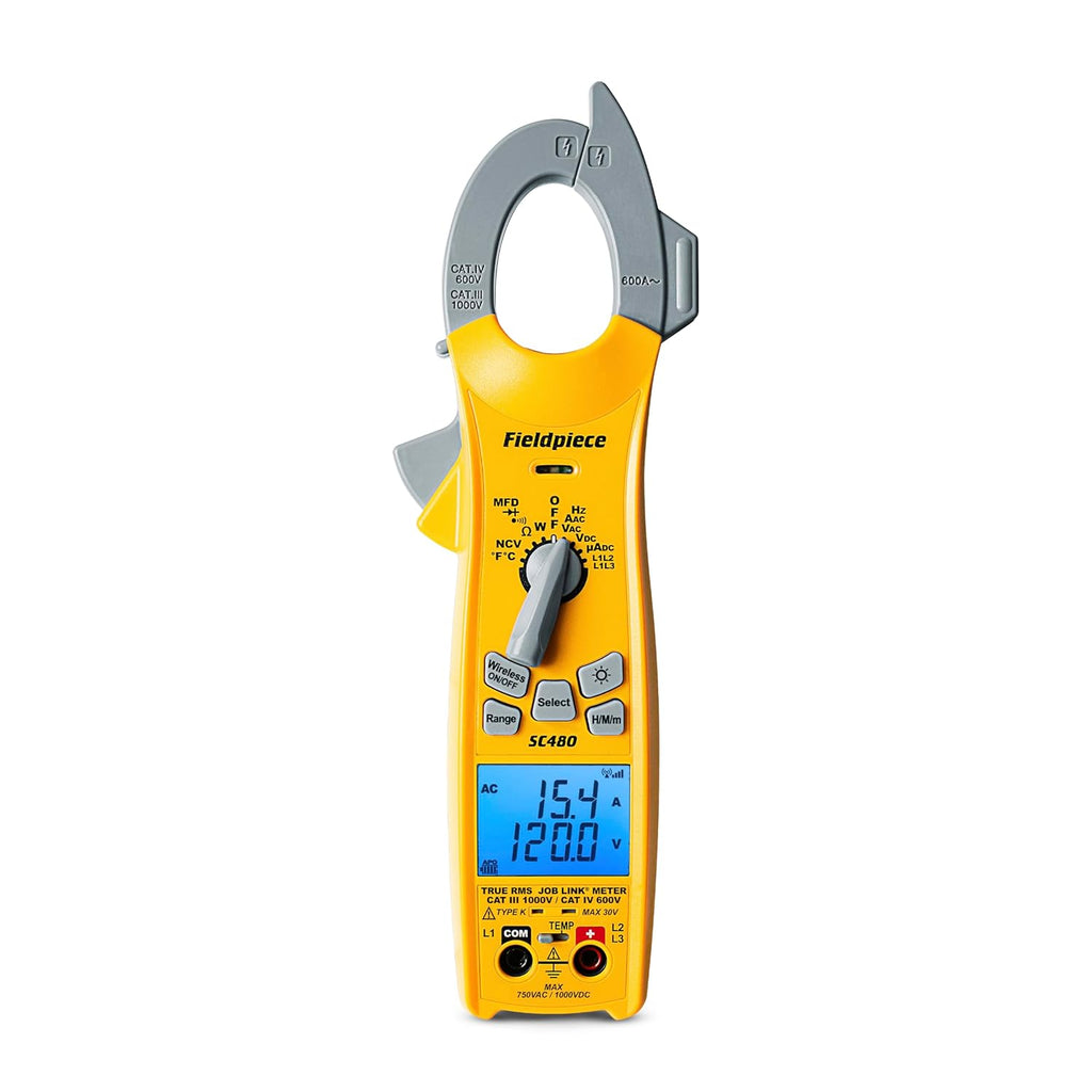 Fieldpiece SC480 Wireless Power Clamp Meter - True RMS HVACR Multimeter w/Job Link App Connectivity - Inrush Current, 3-Phase Testing, Low Pass Filter, CAT IV 600V - HVAC Tools