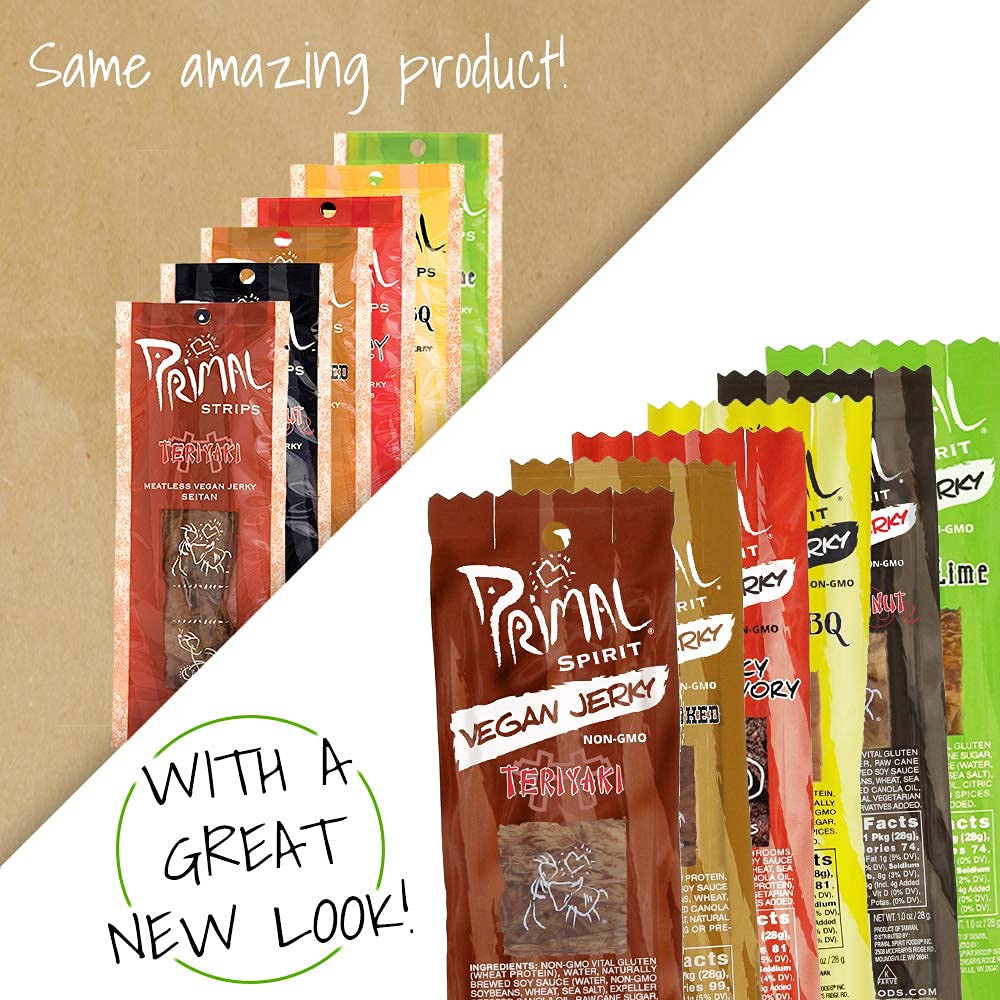 Primal Spirit Vegan Jerky - Our Sampler Pack, 10g. Plant Based Protein, Certified Non-GMO ("The Classics" Thai Peanut, Mesquite Lime, Teriyaki, Hot & Spicy, Hickory Smoked, & Texas BBQ, 12-Pack, 1 oz)