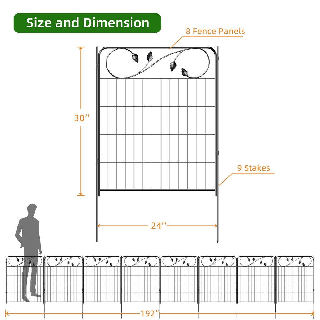 FOREHOGAR Decorative Metal Garden Fence 24in(H) X10ft(L) 5 Panels Leaf Black Rustproof Wire Border Fence for Landscape Patio Flower Bed Garden Fencing Panel Animal Barrier for Dogs