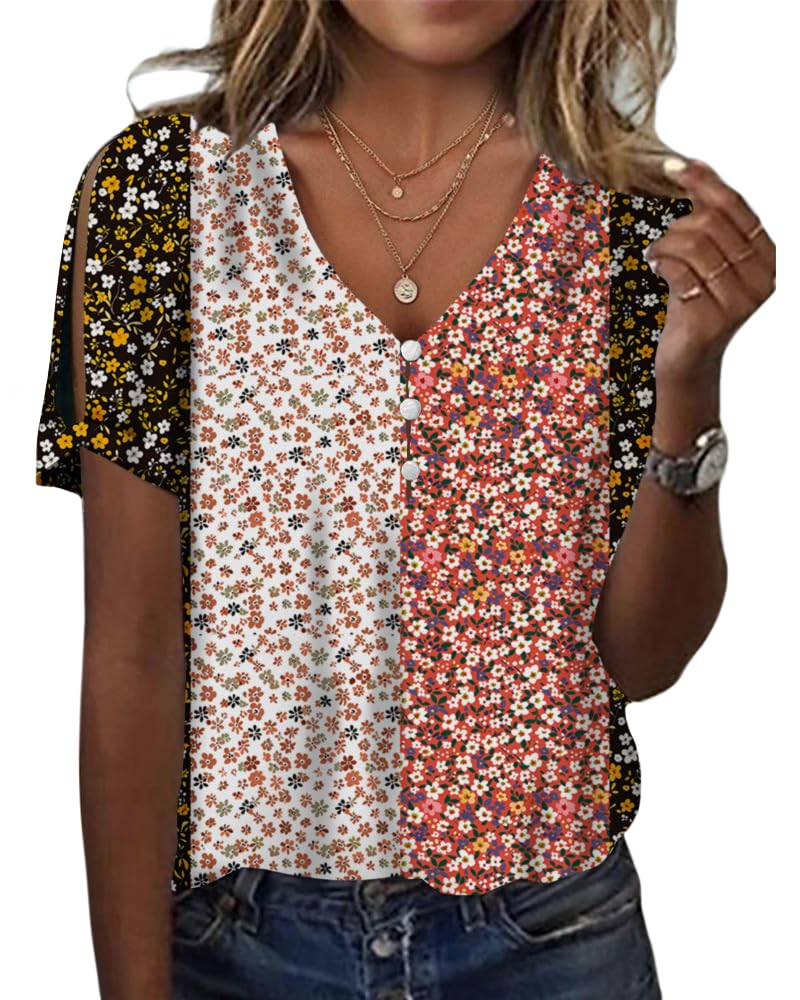 HOTYD Women's Boho Floral Print Ladies Short Sleeve Tops Summer Blouses Dressy Casual V Neck Cold Shoulder Tunic Tops
