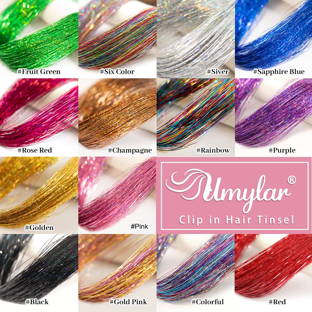 Clip in Hair Tinsel, Pack of 12 Pcs 20 Inch,Glitter Tinsel Hair Extensions, Festival Tinsel Fairy Hair Extension Party Dazzle Hair Accessories Strands Kit for Women Girls(12Pcs,Black#)
