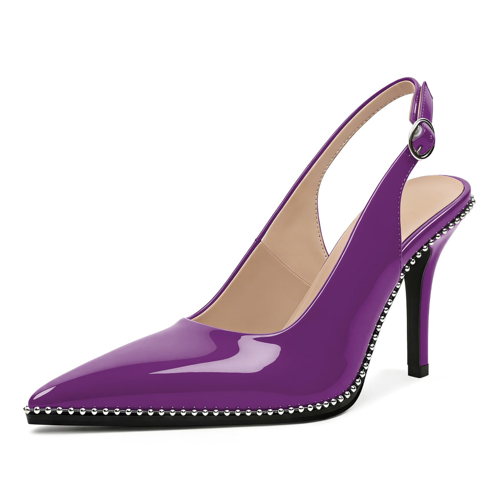 Zamikoo Women Beaded Pumps High Heel Slingback Pointed Toe Slip On 3.5 Inch Stilettos Ankle Strap Adjustable Buckle Patent Leather US Size 5 -Size 13
