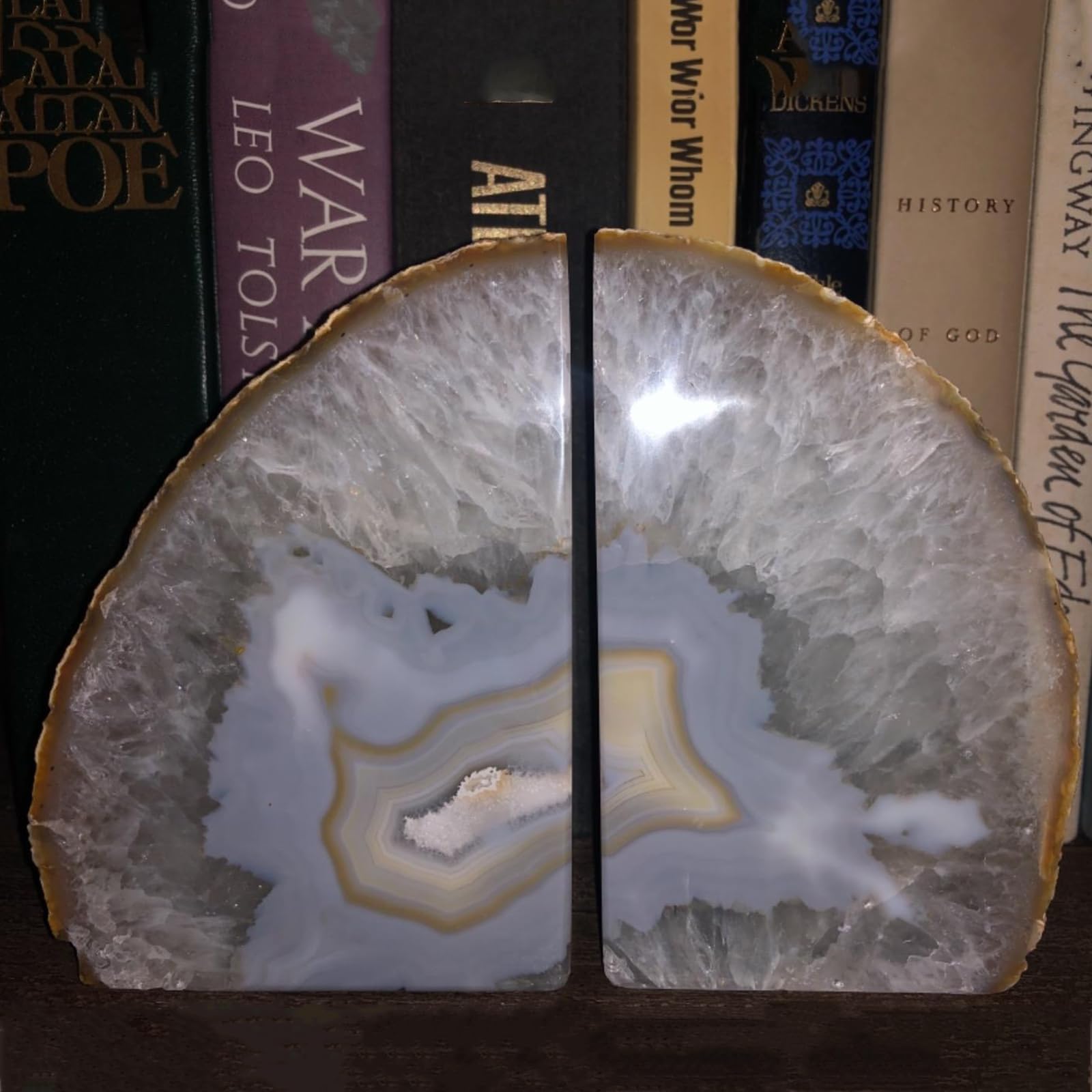 JIC Gem Black Agate Geode Bookends 2-3 Lbs Anti-Slip Rubber Pads Heavy Duty | 1Pair Natural Black Agate Crystal Decor for Shelves & Desk, Unique Small Stone Book Holder Gift for Office & Home Decoration