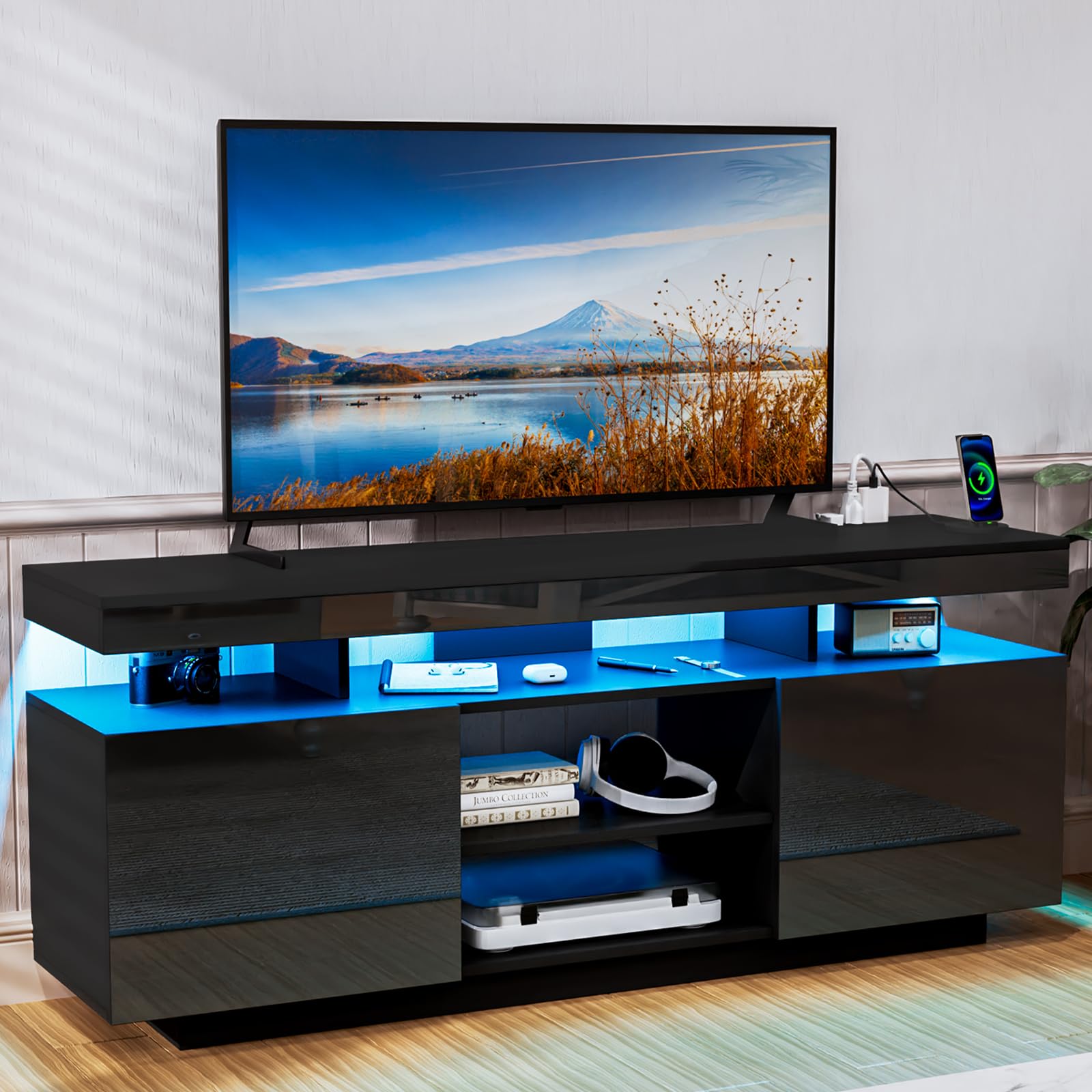 HOMMPA Modern LED TV Stand for 55 Inch TV, Black Tall TV Console with Power Outlet, Entertainment Center with Storage, High Gloss Gaming Media Console Cabinet for Living Room (47 Inch)