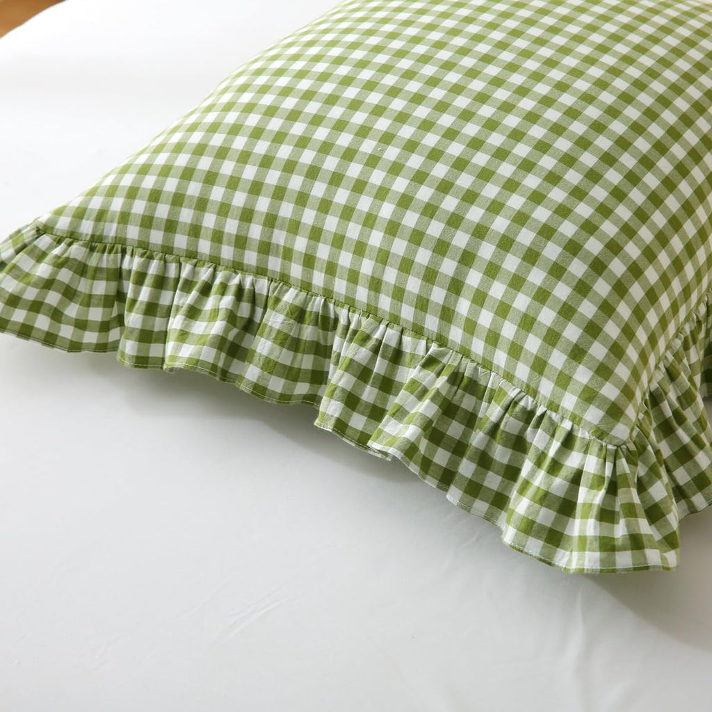 Silnuo Green/White Plaid Ruffled Queen Size Pillow Shams Set of 2,Washed Cotton Shabby Checkered Gingham Farmhouse Bed Pillow Covers 20"x30"