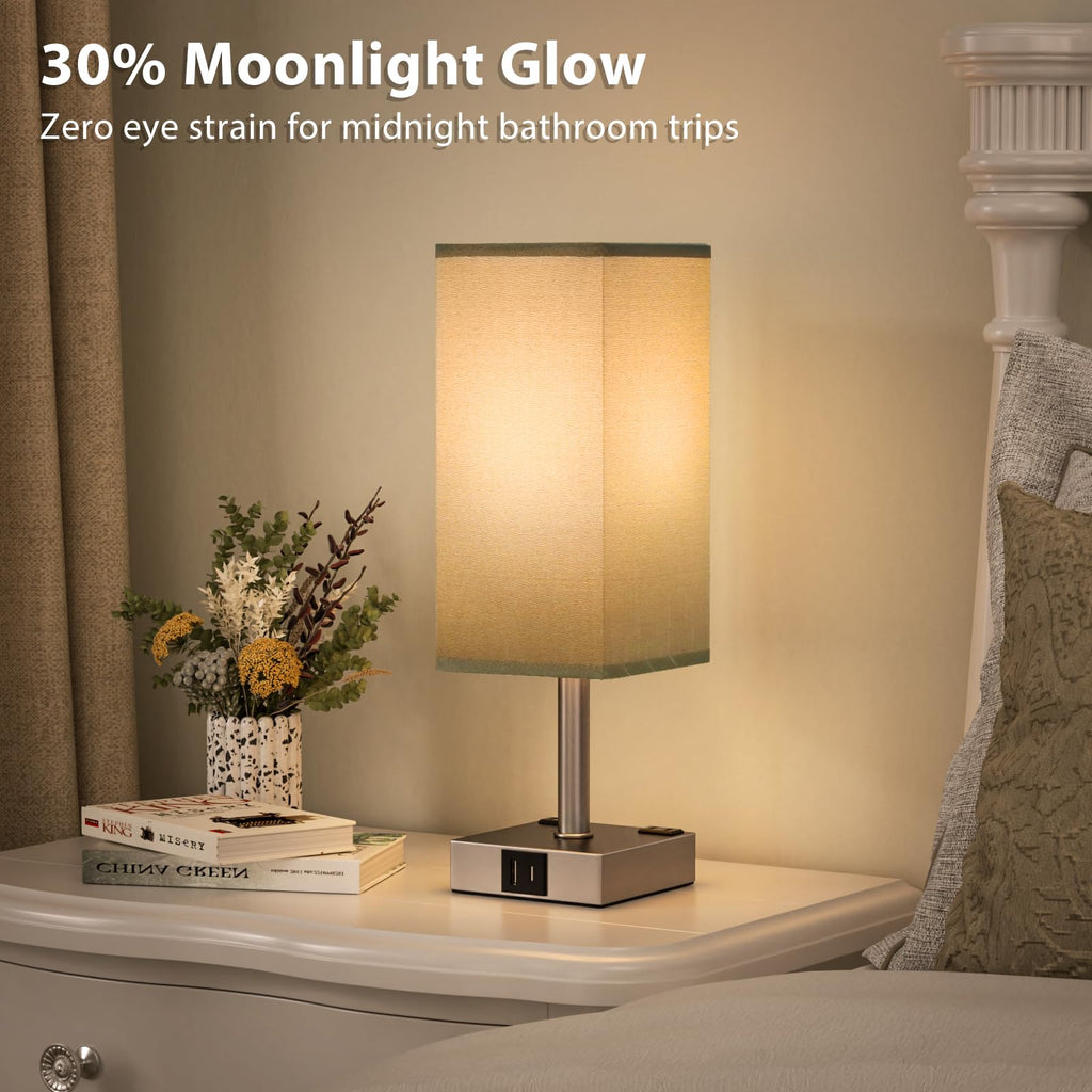 aooshine Set of 2 Touch Nightstand Lamp with USB-C+A Charge Ports& AC Outlets, 3-Way Dimmable Bedside Lamp with White Fabric Shade,Small Table Lamp for Bedroom Guest Room(Bulb Included)