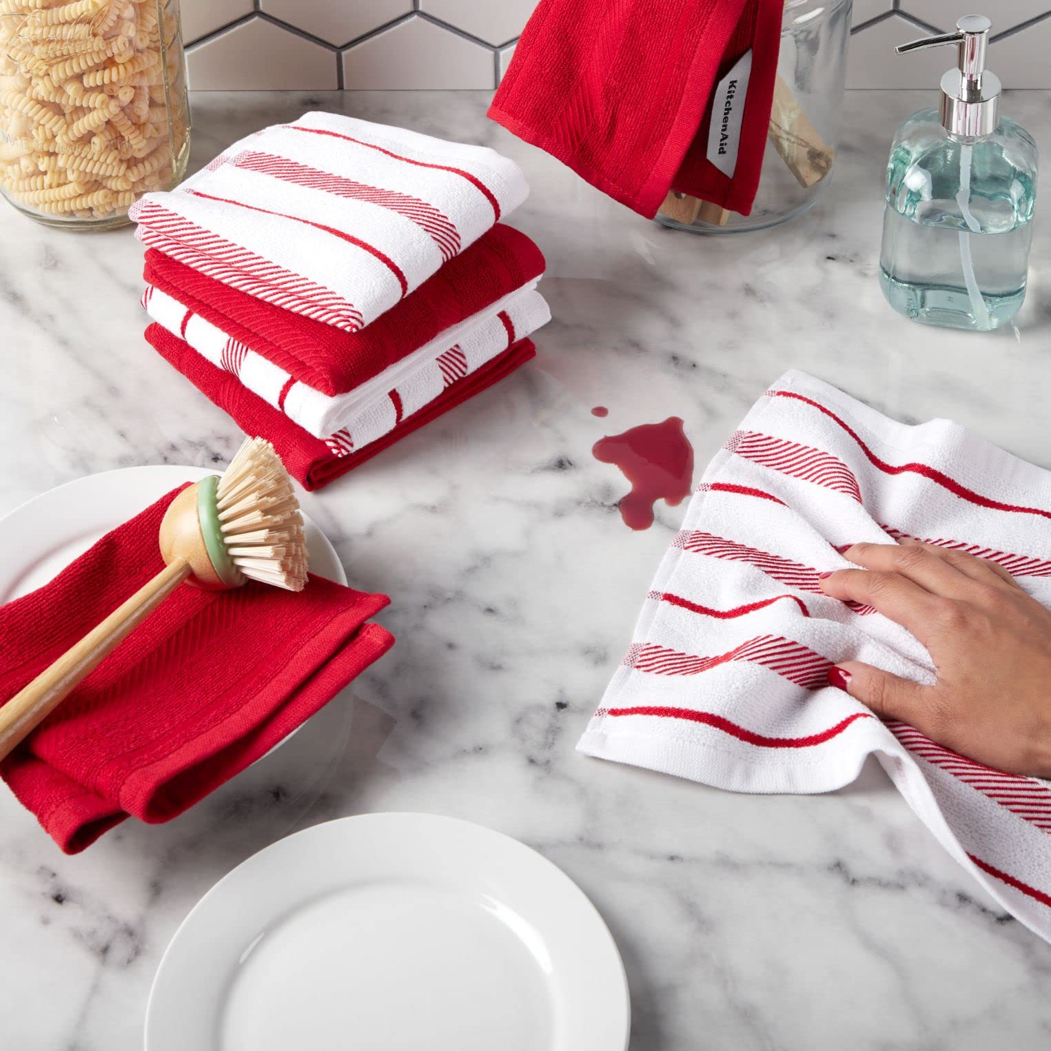 KitchenAid Albany Dishcloth 8 Pack Set, Aqua Sky/White, 12"x12"
