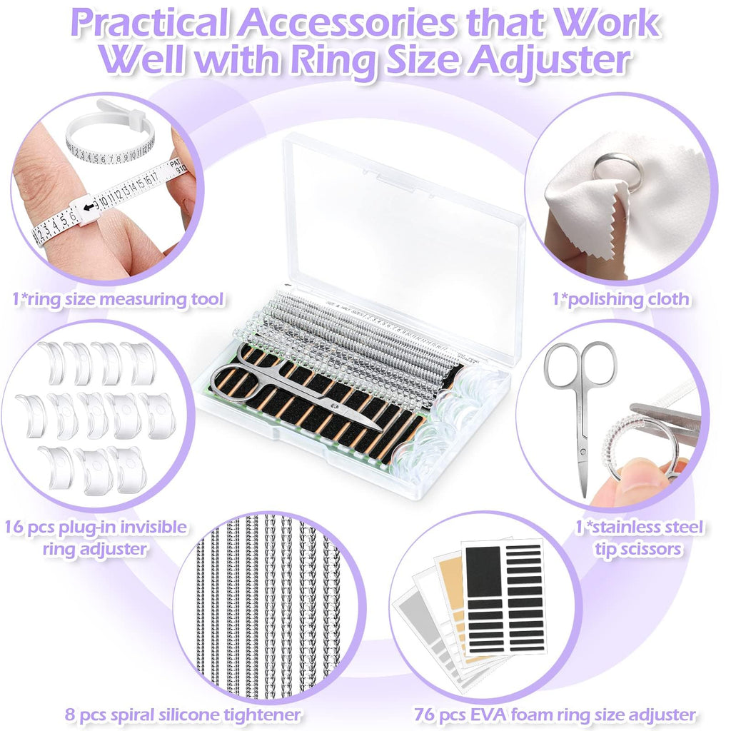 38 Pcs Ring Sizer Adjuster for Loose Rings with Ring Size Measuring Tool, Plug-in Invisible Ring Guards Silicone Tightener EVA Foam Ring Size Adjuster Set with Polishing Cloth