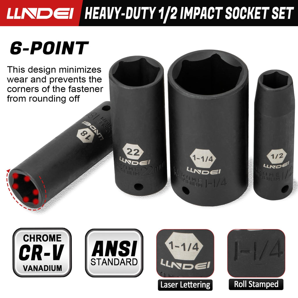 LLNDEI 1/2 inch Drive Deep Impact Socket Set, 37 Piece Standard SAE 3/8" to 1-1/4" | Metric 8 to 24mm, Includes Spark Plug Socket (16, 21mm), CR-MO Universal Joint, Extension Bars and Adapter