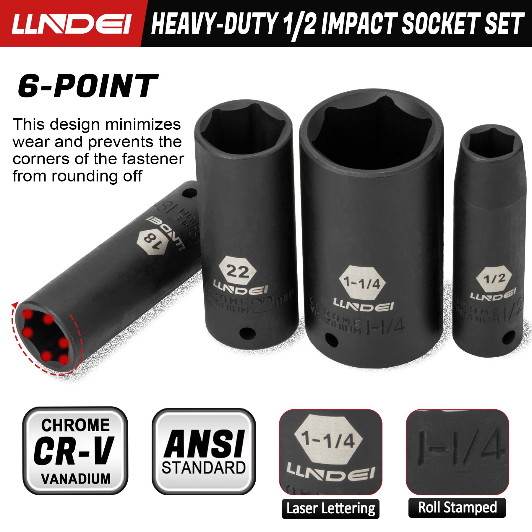 LLNDEI 1/2 inch Drive Deep Impact Socket Set, 37 Piece Standard SAE 3/8" to 1-1/4" | Metric 8 to 24mm, Includes Spark Plug Socket (16, 21mm), CR-MO Universal Joint, Extension Bars and Adapter