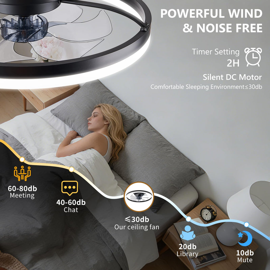 16 Inch RGB Low Profile Ceiling Fans with Lights, Modern Flush Mount Fandelier Chandelier Fixture, Remote & APP Control, Black LED Ceiling Fan Light for Bedroom, Living Room, Kitchen Indoor