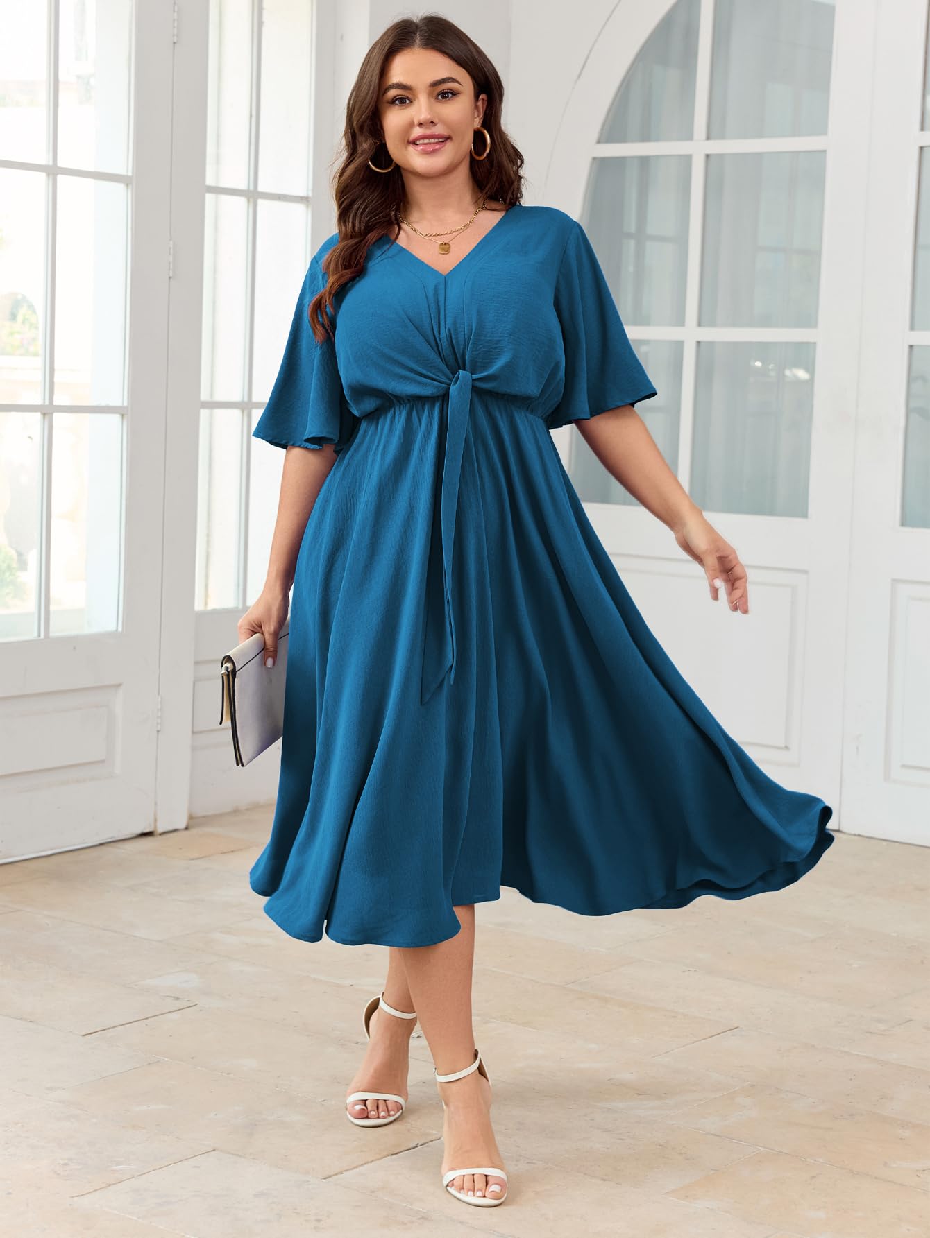 SCOMCHIC Women Plus Size Midi Dresses Wedding Guest Short Sleeve V Neck Tie Waist Casual Summer Flowy A Line Dress