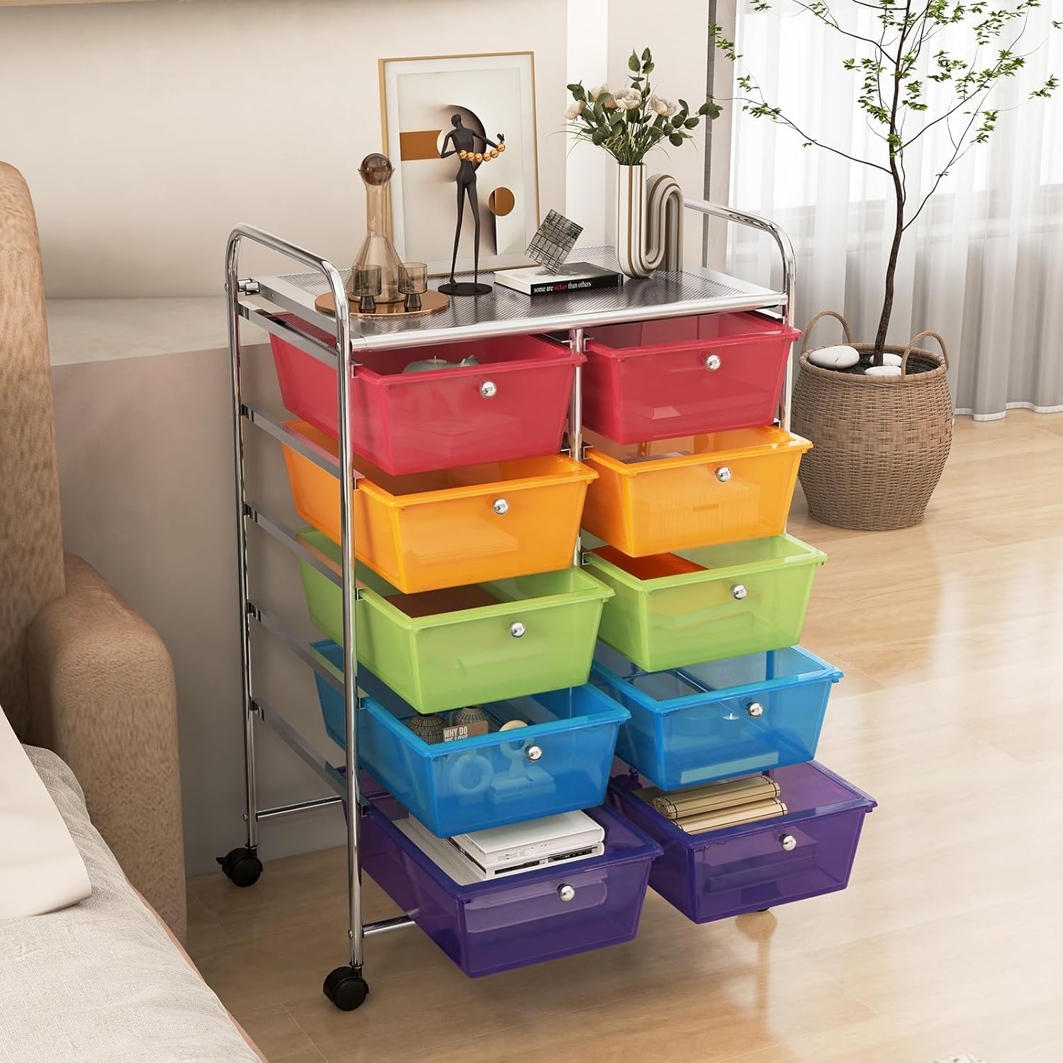 LDAILY 9 Drawer Rolling Storage Cart, Rolling Cart with Drawers for Classroom, Art Supply Craft Organizer on Wheel with Metal Frame & Handles for Home Office School